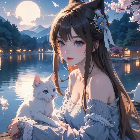 Blue-eyed anime girl hugs a white cat by the lake, very beautiful Anime cats girl, beautiful Anime catsgirl, anime style 4 k, An...