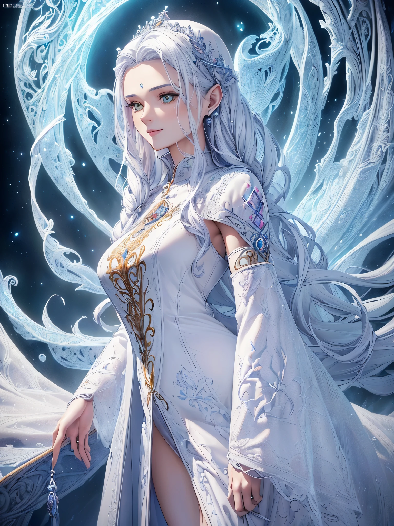 ((highest quality)),(ultra high resolution),(Super detailed),(detailed description),((best CG)),(best work of art),super precision art,amazing drawing art,(Fantasy art with precise details:1.5),(1 female wizard 1.7),(beautiful and well-shaped face:1.5),(White Witch Clothing:1.6,Detailed and detailed embroidery:1.5),Smile:1.6,