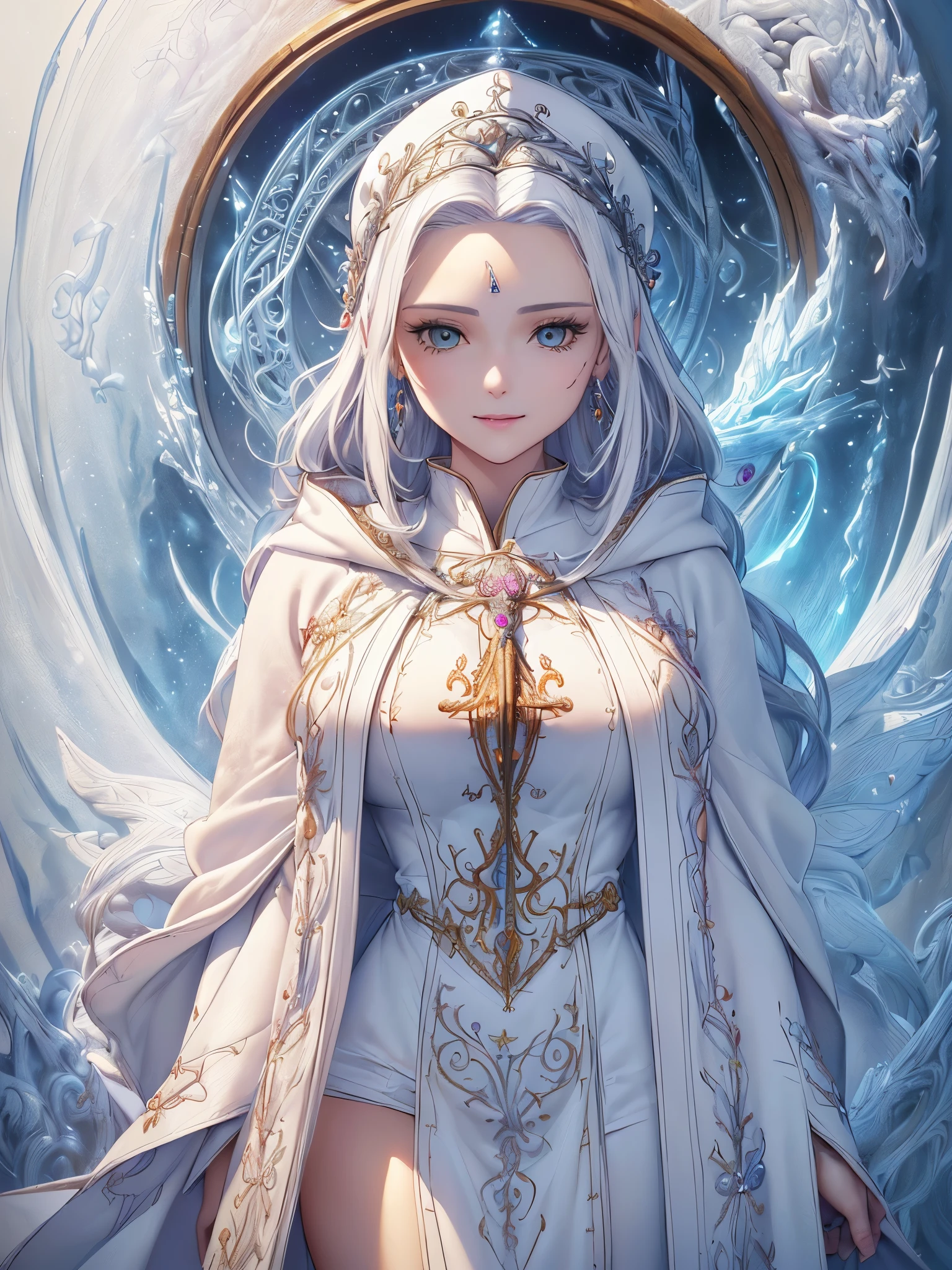 ((highest quality)),(ultra high resolution),(Super detailed),(detailed description),((best CG)),(best work of art),super precision art,amazing drawing art,(Fantasy art with precise details:1.5),(1 female wizard 1.7),(beautiful and well-shaped face:1.5),(White Witch Robe:1.6,Detailed and detailed embroidery:1.5),Smile:1.6,