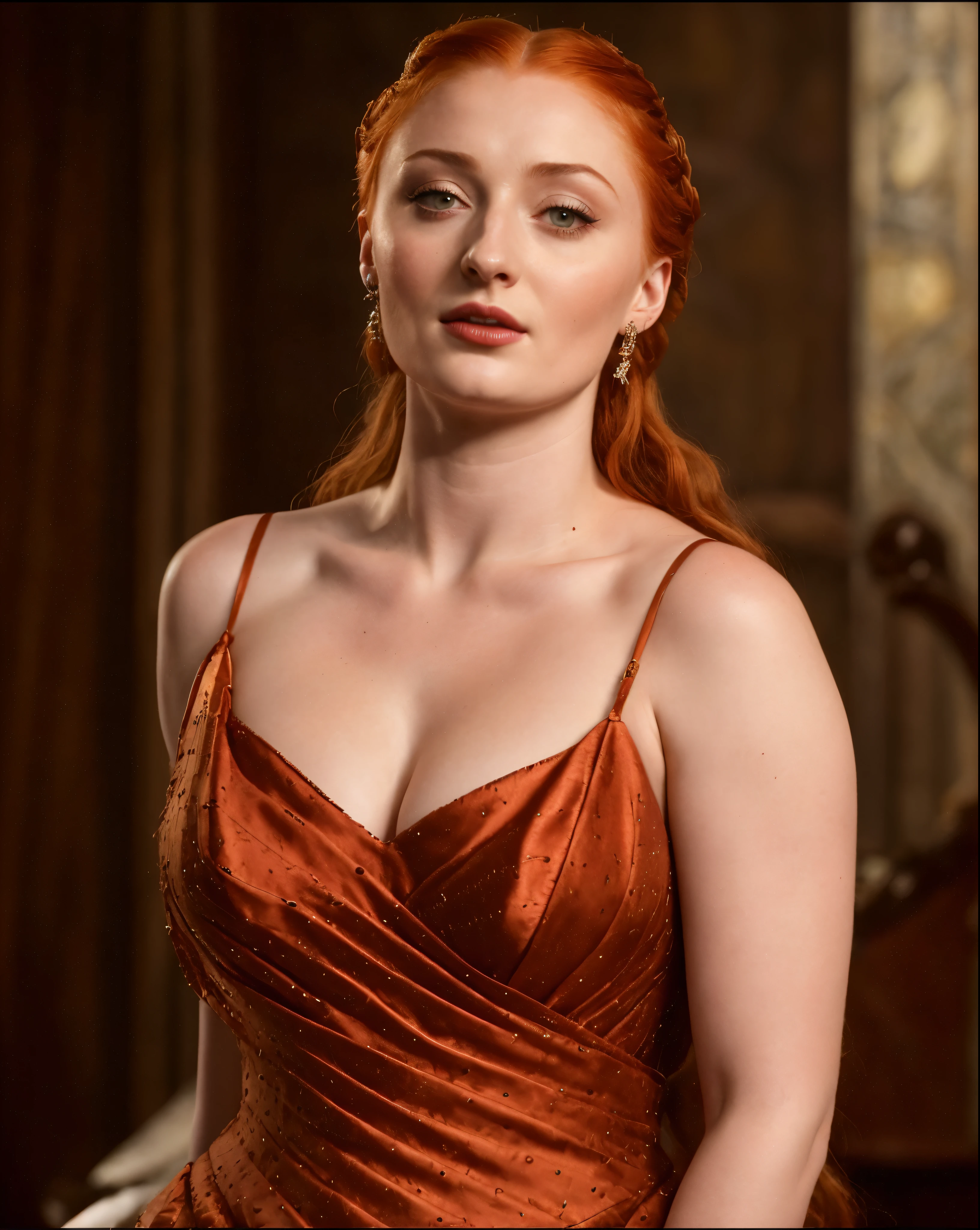 Face of Sophie Turner, Sansa Stark played by Sophie Turner, the de facto Lady of the Eyrie, is a 40-year-old mature queen with a stunning, alluring appearance. Full Face, pierced eyes, reddish lips, upper body shot, erotic Mediaeval costumes, game of thrones costumes, She wears a Game of Thrones-inspired costume and has a deep cleavage, a perfect thick body, and a perfect thick figure. The photograph captures her in a close-up, with her skin texture and facial features being ultra-realistic and realistic.