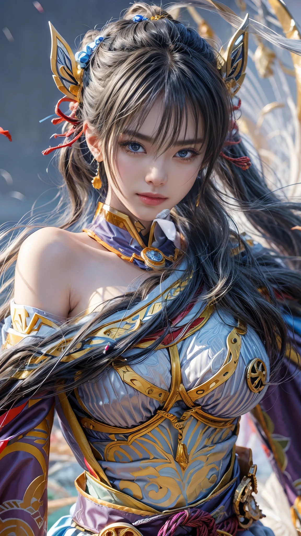 (RAW shooting, Photoreal:1.5, 8k, highest quality, masterpiece, ultra high resolution), Sengoku, fire事, いたるところで燃え上がる戦fire:1.3, perfect dynamic composition:1.2, Highly detailed skin and facial textures:1.2, Slim female samurai with a sharp Japanese sword:1.3, Fight:1.2, beautiful and aesthetic, cute and sexy beauty, perfect style:1.2, wear elaborate rings, fire, water, Wind, thunder, ice, Fair skin, very beautiful face, (Medium chest, Chest gap), (embarrassing smile, The expression on your face when you feel intense caress, Facial expression when feeling pleasure), (Wearing a sexy Sengoku uniform:1.1, off shoulder), (beautiful blue eyes, Eyes that feel beautiful eros:0.8), (Too erotic:0.9, Bewitching:0.9), full body shot