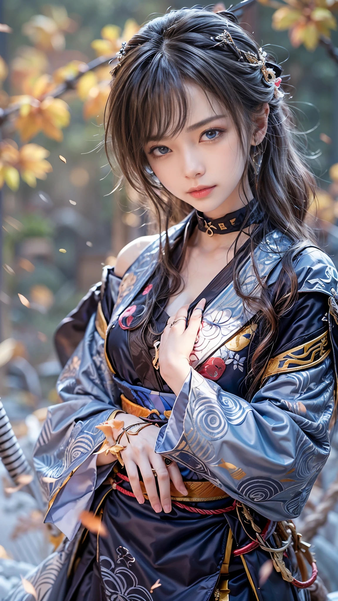 (RAW shooting, Photoreal:1.5, 8k, highest quality, masterpiece, ultra high resolution), Sengoku, fire事, いたるところで燃え上がる戦fire:1.3, perfect dynamic composition:1.2, Highly detailed skin and facial textures:1.2, Slim female samurai with a sharp Japanese sword:1.3, Fight:1.2, beautiful and aesthetic, cute and sexy beauty, perfect style:1.2, wear elaborate rings, fire, water, Wind, thunder, ice, Fair skin, very beautiful face, (Medium chest, Chest gap), (embarrassing smile, The expression on your face when you feel intense caress, Facial expression when feeling pleasure), (Wearing a sexy Sengoku uniform:1.1, off shoulder), (beautiful blue eyes, Eyes that feel beautiful eros:0.8), (Too erotic:0.9, Bewitching:0.9), full body shot