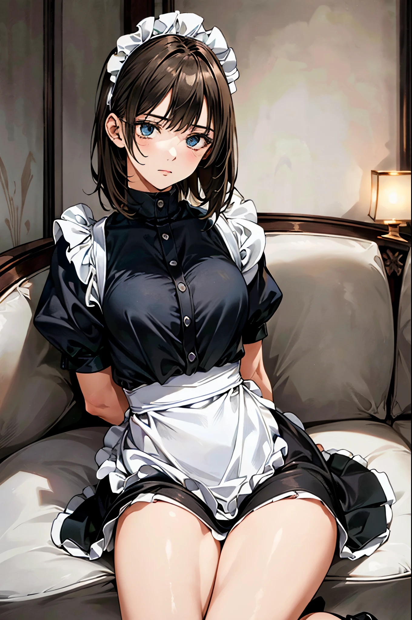 (masterpiece:1.2, top-quality, ultra high res, ultra detailed), (realistic, photorealistic:1.4), beautiful illustration, (natural side lighting, movie lighting), depth of fields, colorful, nsfw, 
looking at viewer, 1 girl, maid, 20 years old, expressive eyes,perfect eyes, perfect face, (perfect anatomy), cute and symmetrical face, baby face, 
(short hair:1.2, straight hair:1.2, brown hair), bangs, blue eyes, long eye lasher, (medium breasts), perfect balance, white skin, shiny skin, slender, 
beautiful hair, beautiful face, beautiful detailed eyes, beautiful clavicle, beautiful body, beautiful chest, beautiful thigh, beautiful legs, 
(detailed cloth texture, (closed clothes), black shirt, puffy sleeves, long sleeves, black long skirt, maid headdress, white glove), 
(beautiful scenery), evening, (living room minimalist), sitting sofa, hand between legs, (look down on with disdain, innocent big eyes:1.0, closed mouth), 