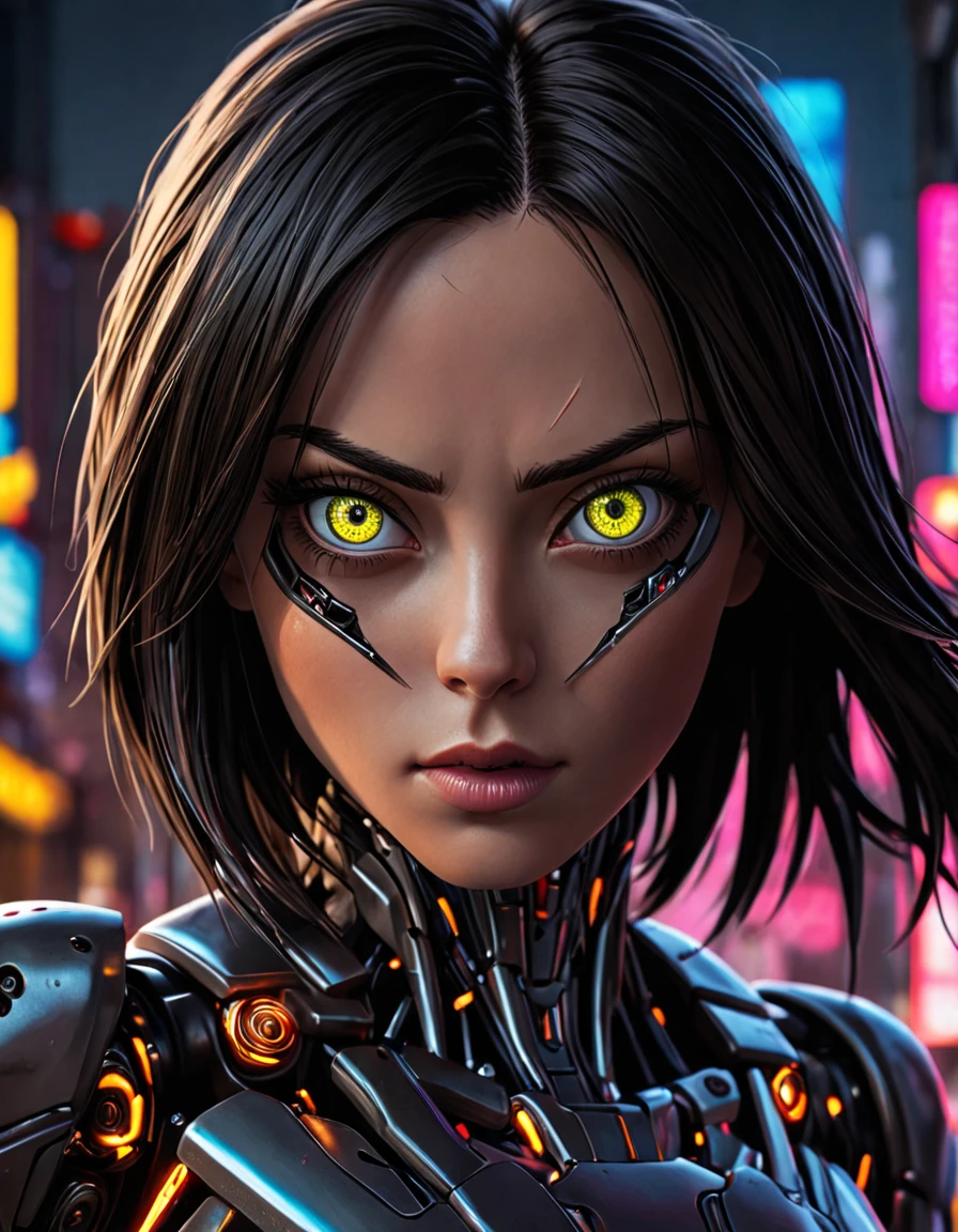 robot cybernétique à couper le souffle Dans ce monde à couper le souffle de Battle Angle la nuit, ral-ledlights Alita prend vie dans une superbe adaptation. Courir vers le spectateur, elle attire l&#39;attention, révélant chaque courbe et ligne de sa forme athlétique maigre. Son expression charmante et déterminée. Les néons qui la baignent d&#39;une lueur chaleureuse. Elle conserve le même sang-froid qui a fait d&#39;elle un personnage si emblématique. Contraste élevé, couleurs vives, intégration:, yeux extrêmement grands et détaillés. L&#39;effet global est une image époustouflante qui capture le style de Chris Cold et Jason Edmiston., . Android, IA, Machine, Métal, fils, technologie, futuriste, très détaillé