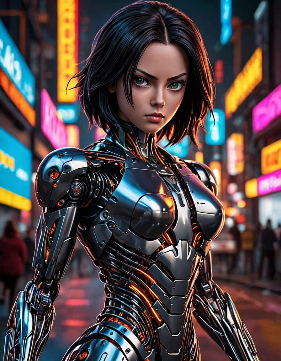 cybernetic robot breathtaking In this breathtaking world of Battle Angle at night, ral-ledlights Alita comes to life in a stunning adaptation. Running towards the viewer, she commands attention, revealing every curve and line of her lean athletic form. Her charming and determined expression. The neon lights that bathe her in a warm glow. She maintains the same cool composure that made her such an iconic character. High contrast, vibrant colors, embedding:, extremely large detailed eyes. The overall effect is a stunning image that captures the style of Chris Cold and Jason Edmiston, . android, AI, machine, metal, wires, tech, futuristic, highly detailed