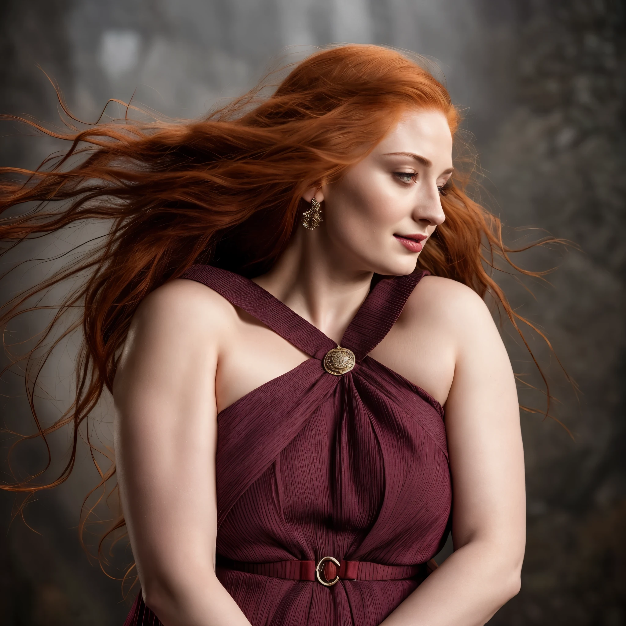 Visage de Sophie Turner, Sansa Stark jouée par Sophie Turner, la Dame de facto des Eyrié, est une reine mature de 40 ans avec un superbe, apparence séduisante. visage complet, yeux percés, lèvres rougeâtres, Tir du haut du corps, costumes médiévaux érotiques, costumes de jeu de trônes, Elle porte un costume inspiré de Game of Thrones et a un décolleté profond, un corps épais parfait, et une silhouette épaisse parfaite. La photographie la capture en gros plan, avec sa texture de peau et ses traits du visage ultra-réalistes et réalistes.