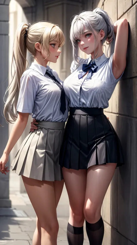 masterpiece, top quality, NSFW, 18+, 2 young girls in school uniforms, innocent yet curious, body movements revealing a hint of ...