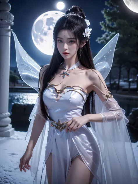 under the moonlight，fairy chang&#39;e dressed in white，transparent like ice and snow。her beautiful legs are wrapped in shiny pan...