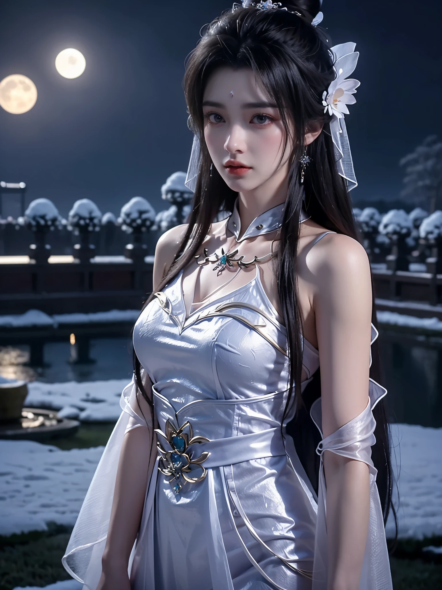 under the moonlight，Fairy Chang&#39;e dressed in white，Transparent like ice and snow。Her beautiful legs are wrapped in shiny pantyhose、Her hair is smooth like a waterfall and has bangs，Gently drifting along on the wind。Her face looked like a fairy in the sky，Eyebrows look like a crescent moon，starry eyes，Nose like a jade pillar，lips are like cherries。Her skin is like a jade rabbit in the snow，crystal clear，Reflecting the pale moonlight。

Fairy Chang&#39;e standing under the Moon Palace，Surrounded by a fairy atmosphere，It seems like she&#39;s out of touch with the world。On her beautiful face，With a little sadness，It seems to tell the story of thousands of years of loneliness.。The moonlight fell on her body，It was as if it were wrapped in a light veil.，Adds mysterious beauty。

Fairy Chang&#39;e is like a budding lotus flower，彼女の美しさはpeopleを魅了する，people々I can&#39;t help but want to take a closer look。she danced in the moonlight，Like a goddess in the moon palace，Enjoy the fantastic scenery。