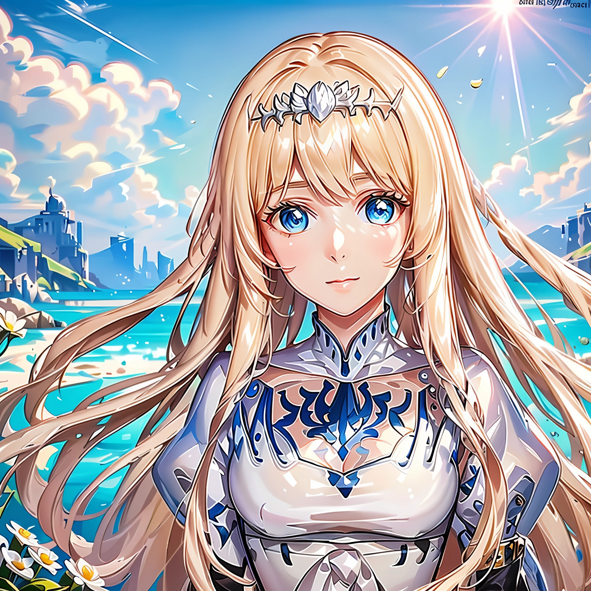 Top Quality, Full Body, High Quality Texture, Fine-grained, Realistic Expression of Face, Detailed Skin, Anime, Girl, Gentle Eyes, Sexy, Mix, Model, Illustration, Portrait, Semireal,, Fair Skin, Wind Flower, Meadow, Water Lake, Sun, Light, 1girl, Calca, blonde hair, extremely long hair, white tiara, white dress, blue eyes, medium breasts