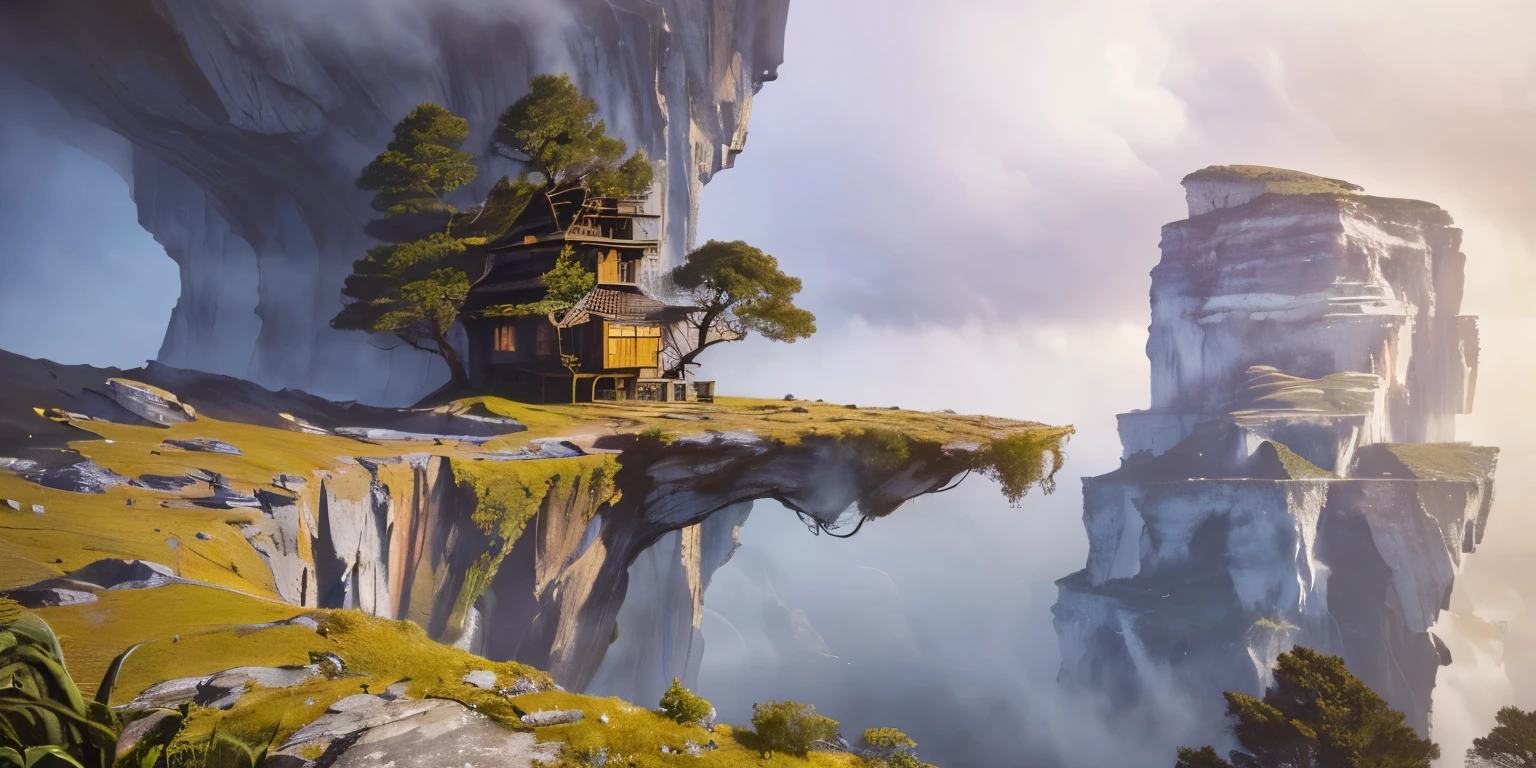 (best quality,4k,8k,highres,masterpiece:1.2),ultra-detailed,(realistic,photorealistic,photo-realistic:1.37),fantasy,a huge old tree on the cliff:1.2,many tree houses are on branches:1.3,sheer, majestic cliffs,rough stone,thrilling,dramatic light,fog and mist