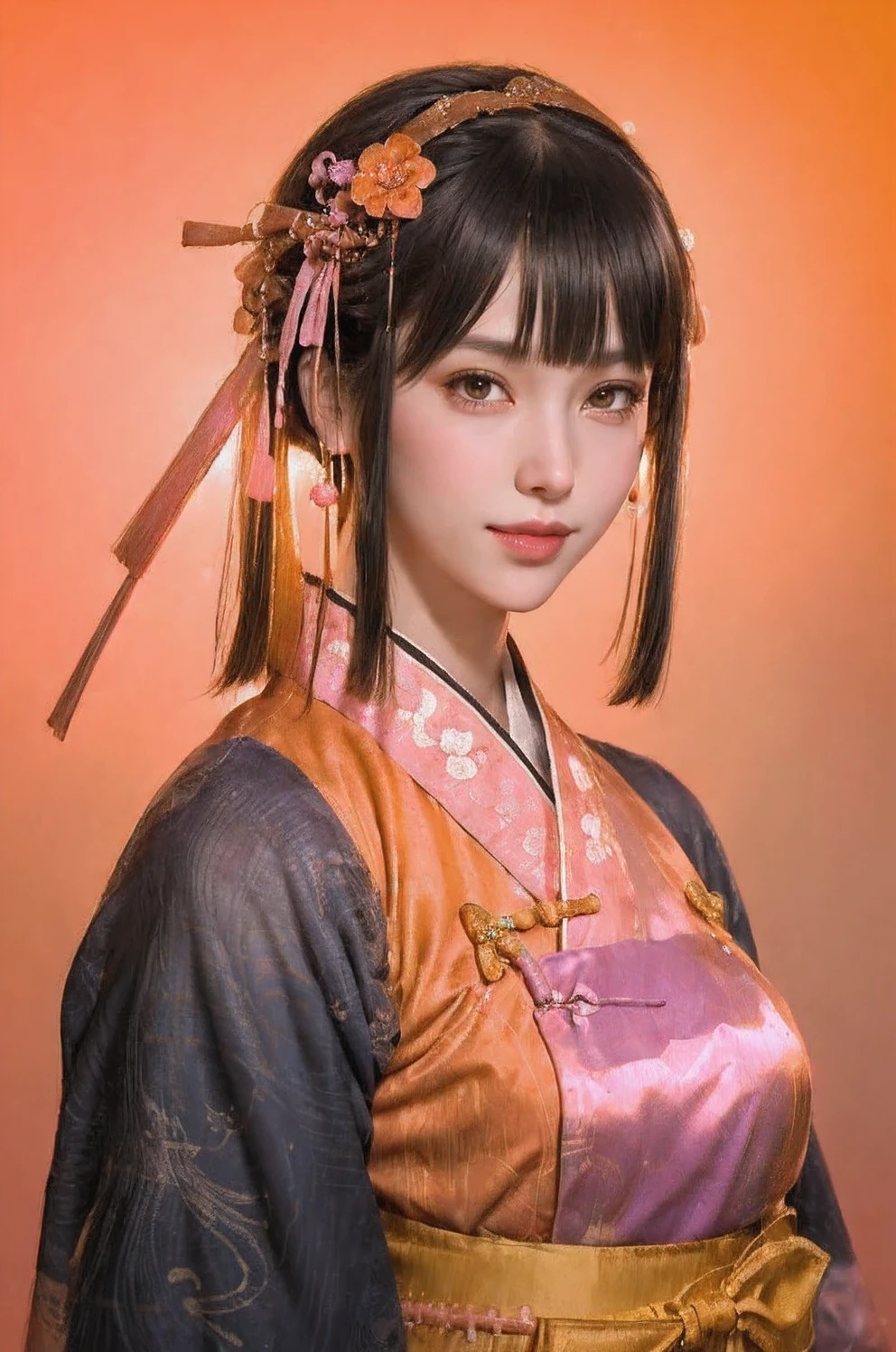 (fluorescent colors:1.4),(translucent:1.4),(retro filters:1.4), (fantasy:1.4),  (orange background:1.4),
(1girl wearing (orange pink  hanfu:1.3), tang style, blunt bangs, black hair),
((portrait:1.5)), looking at viewer,
(masterpiece, 8k uhd, HDR, extreme detailed, intricate details, best quality, professional, vivid colors),