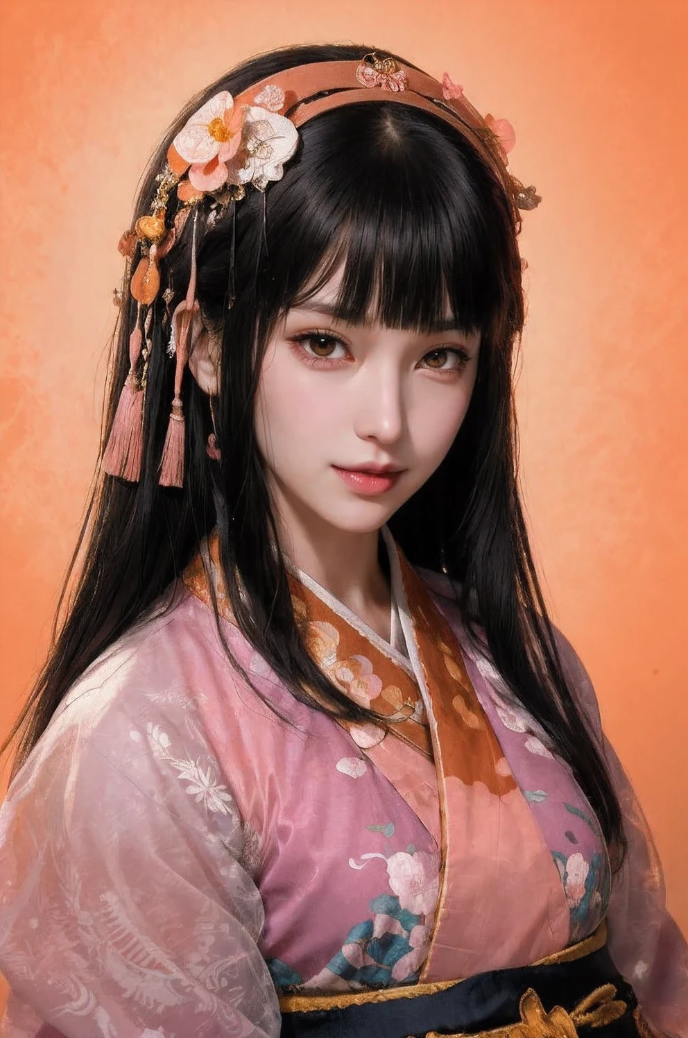 (fluorescent colors:1.4),(translucent:1.4),(retro filters:1.4), (fantasy:1.4),  (orange background:1.4),
(1girl wearing (orange pink  hanfu:1.3), tang style, blunt bangs, black hair),
((portrait:1.5)), looking at viewer,
(masterpiece, 8k uhd, HDR, extreme detailed, intricate details, best quality, professional, vivid colors),