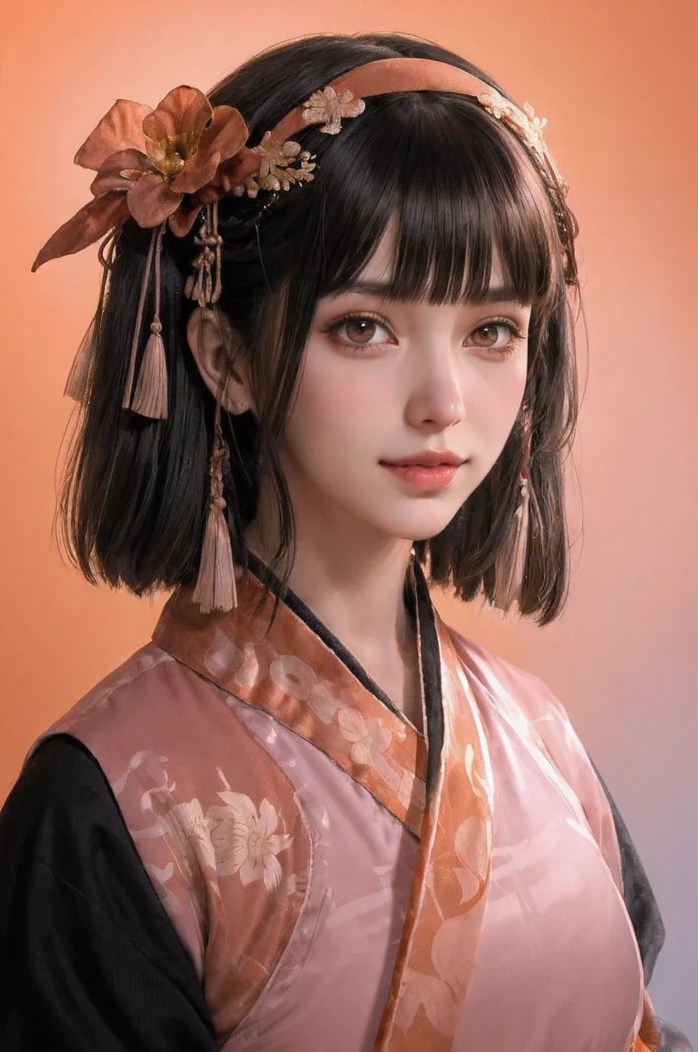 (fluorescent colors:1.4),(translucent:1.4),(retro filters:1.4), (fantasy:1.4),  (orange background:1.4),
(1girl wearing (orange pink  hanfu:1.3), tang style, blunt bangs, black hair),
((portrait:1.5)), looking at viewer,
(masterpiece, 8k uhd, HDR, extreme detailed, intricate details, best quality, professional, vivid colors),