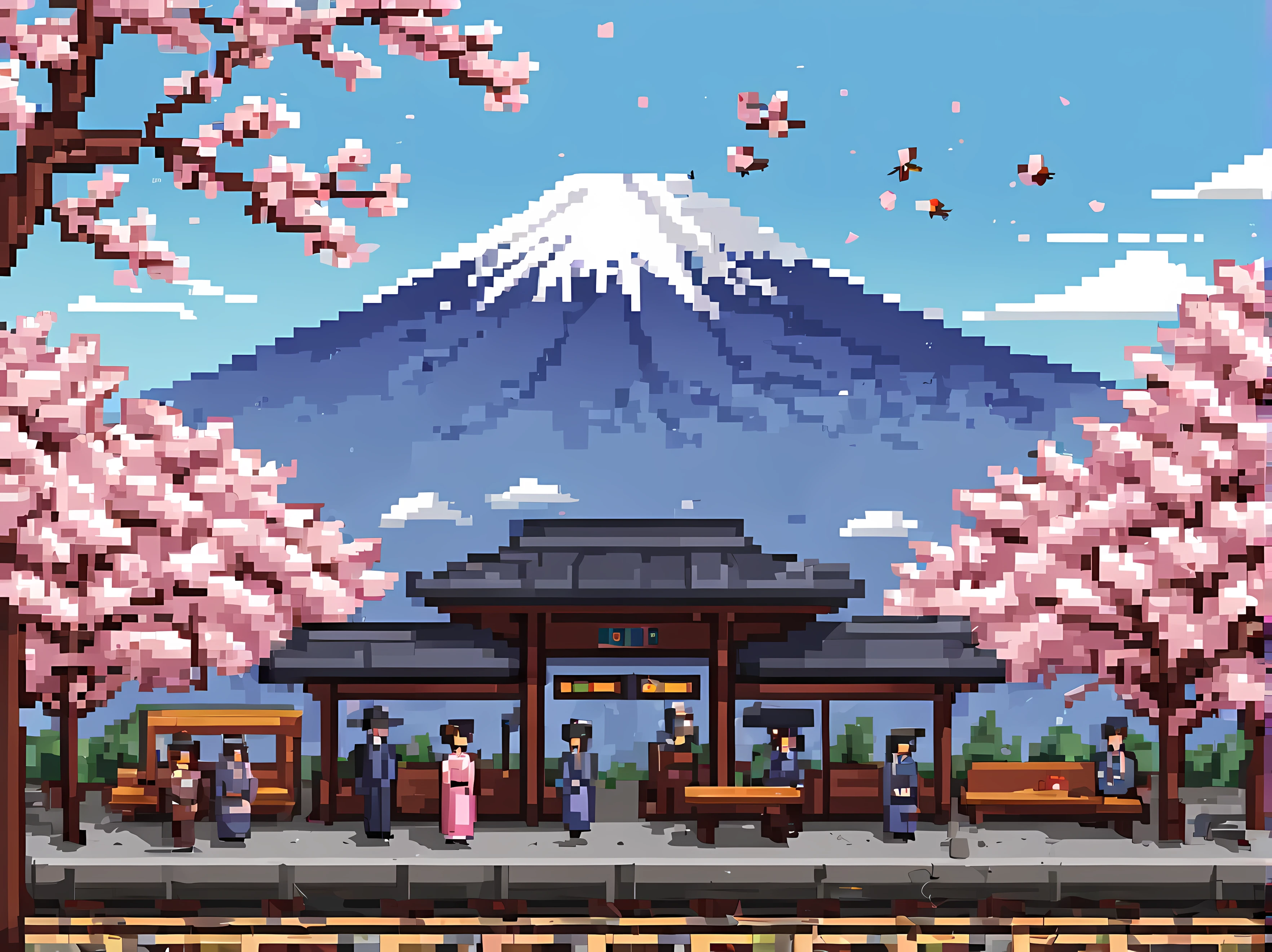 Pixel art, a captivating scene of a Japanese train station on a sunny spring day, a sleek futuristic train at the platform, surrounded by blooming Sakura trees, traditional elements like lanterns and wooden benches, Mount Fuji in the background, passengers in traditional attire, tiny birds in flight, masterpiece in maximum 16K resolution, superb quality. | ((More_Detail))