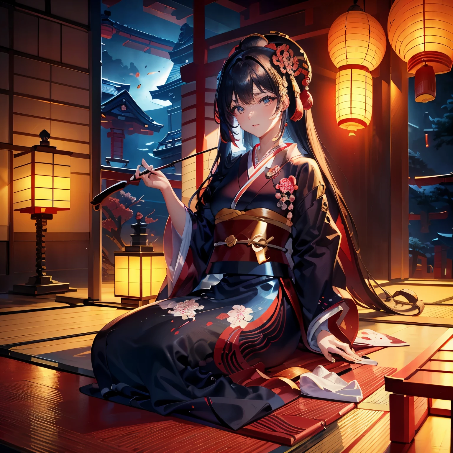 ultra detailed, masterpiece, absurdres, exquisite, beautiful, japanese temple, happy, glad, delightful, Fun Scene, Happy Scene,Japanese style room,Doll&#39;s Festival,Heartwarming Scene, japanese, japanese clothes, (japanese beautiful woman:1.5),(long straight hair,black hair:1.2),Thin teak,Big eyes,Sitting straight on the tatami,black eye,from front, front view,above,( dramatic lighting, warm lighting, soft lighting), depth of field, highly saturated colors, (vibrant colors, beautiful, romantic atmosphere), soft-edged