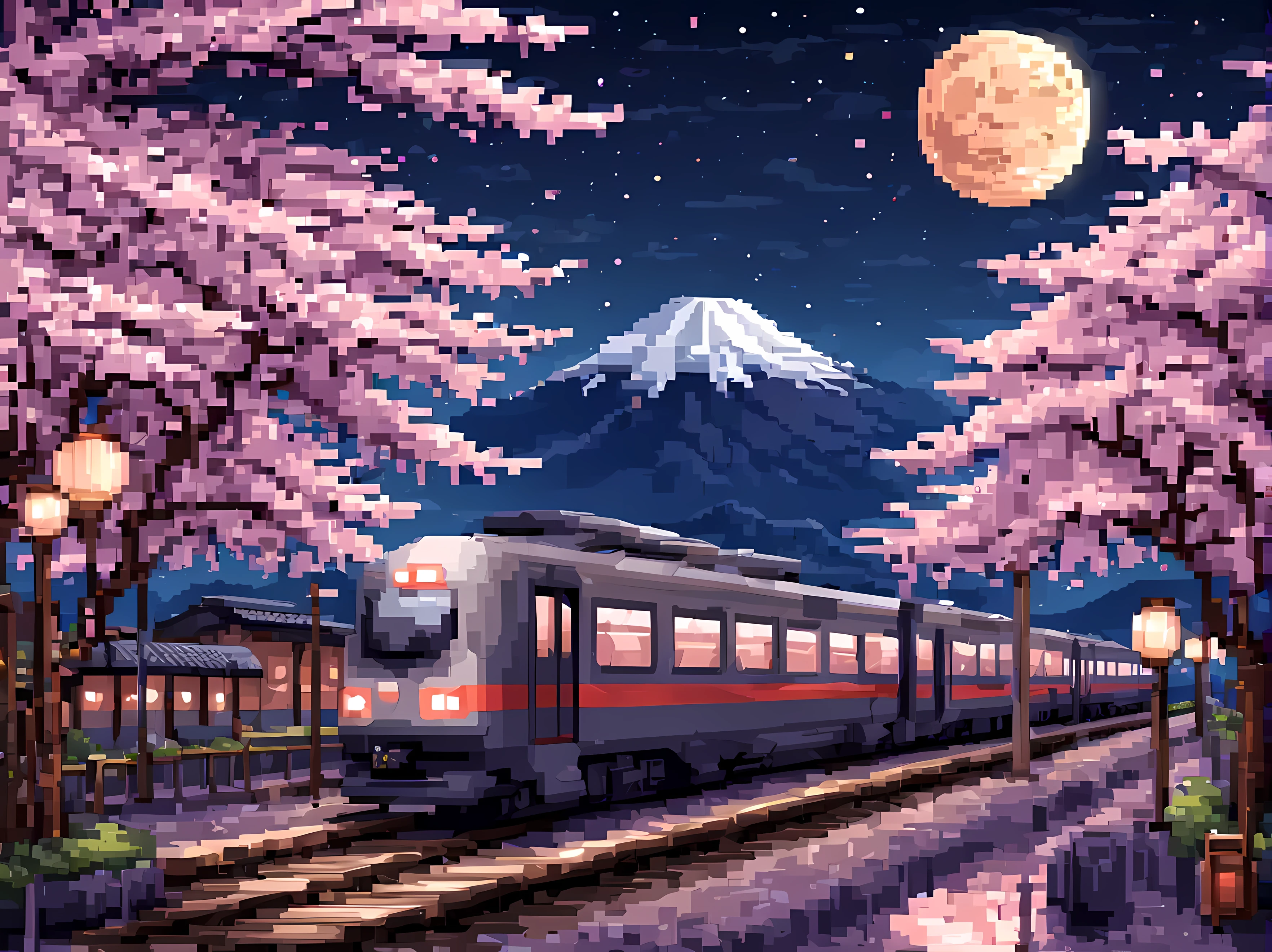 ドット絵, 満月の星が輝く春の夜の日本の駅の魅惑的な風景, プラットフォームに停まっている洗練された未来的な電車, 桜の木に囲まれて, 提灯や木製のベンチなどの伝統的な要素, 背景には富士山, 最大16K解像度の傑作, 素晴らしい品質. | ((もっと_詳細))