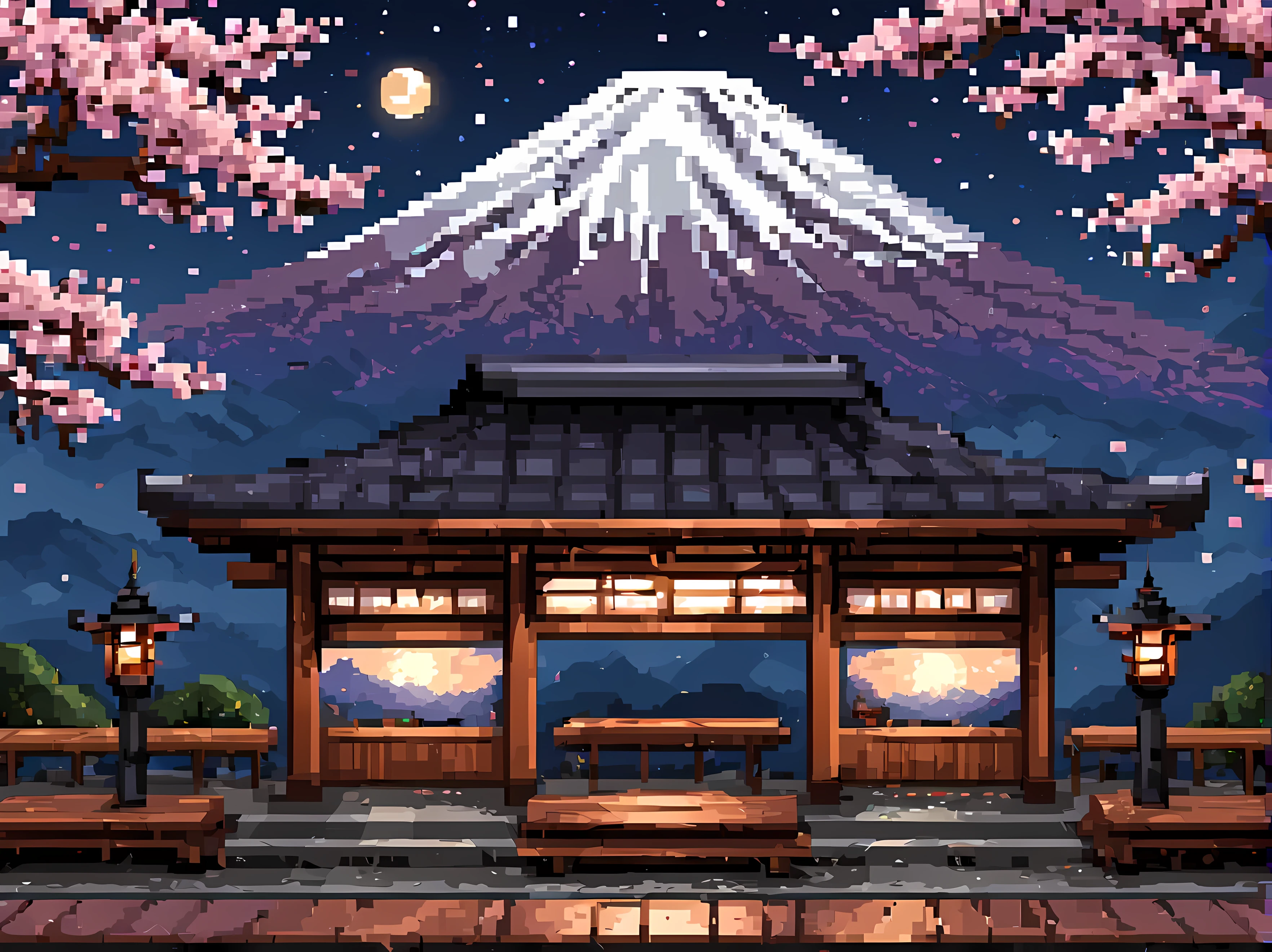 Pixel art, a captivating scene of a Japanese train station on a starry spring night with a full moon, surrounded by blooming Sakura trees, traditional elements like lanterns and wooden benches, Mount Fuji in the background, masterpiece in maximum 16K resolution, superb quality. | ((More_Detail))
