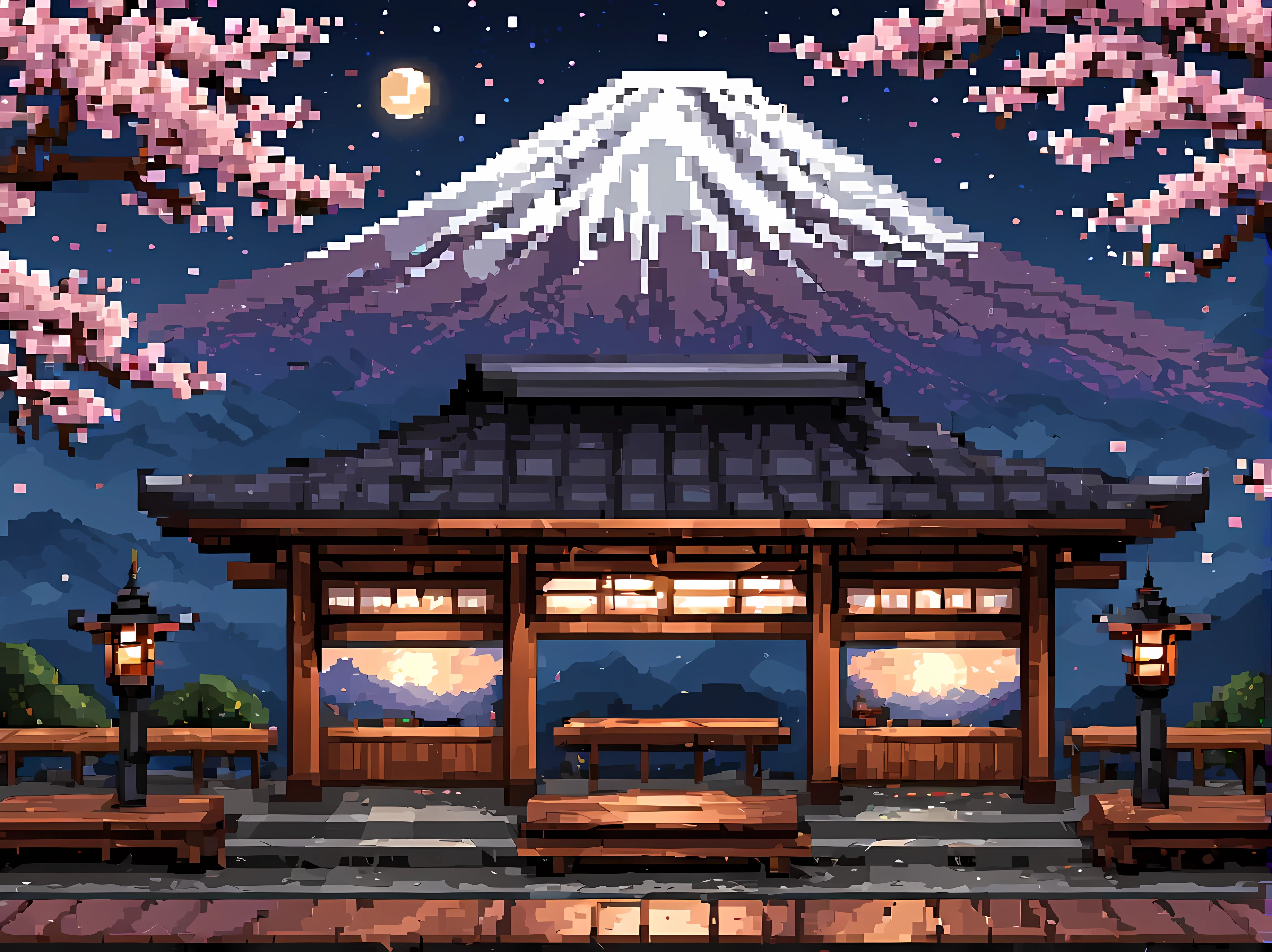 Pixel art, a captivating scene of a Japanese train station on a sunny spring day, a sleek futuristic train at the platform, surrounded by blooming Sakura trees, traditional elements like lanterns and wooden benches, Mount Fuji in the background, passengers in traditional attire, tiny birds in flight, masterpiece in maximum 16K resolution, superb quality. | ((More_Detail))