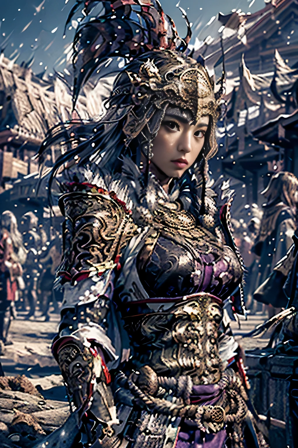 ((masterpiece))), (((best quality))), ((super detailed)), (surreal), (Highly detailed CG illustrations), movie lighting, lifelike ,very beautiful young lady, (beautiful face and lips), Light makeup, big breasts,  Such a complex purple, Purple cloak, spear, Popular topics on Artstation.