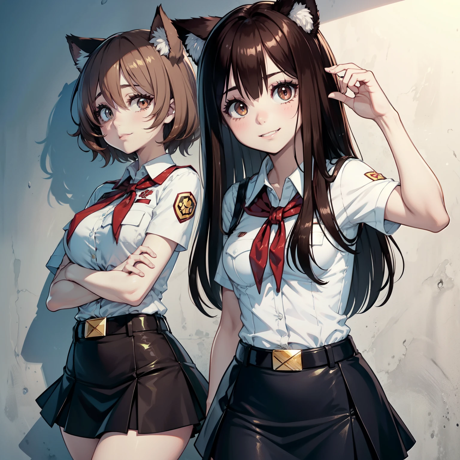 very young slim fit girl, full height, rounded face, (very long disheveled dark brown hair:1.5), big brown eyes, shy smile, perfect flat breast, band on head with fake cat ears, sashagrey, pioneer neckerchief, short tight blue pleated skirt, bangs, tight white shirt, short sleeves, collared shirt, belt, red neckerchief, breast pocket, white wall, a strand between the eyes, parororo 