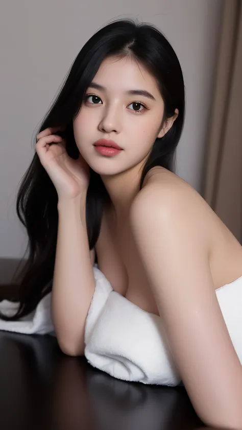 [Face and hairstyle are :9,1270442595], Classy upper class elite woman in towel lying on bed, night view, (Long black Hair:1.2), ((laying on back)), ((Sleeping on your back)), A smile, Outstanding Elite, Wrap the body with a bath towel, (wrapped in a bath ...