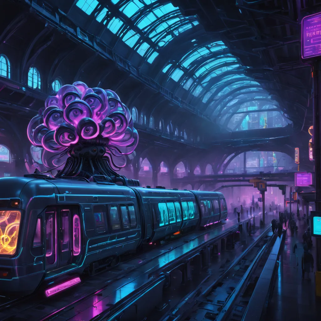 High Resolution, High Quality, Masterpiece. Digital art of a futuristic train station encapsulates cyberpunk aesthetics, featuri...