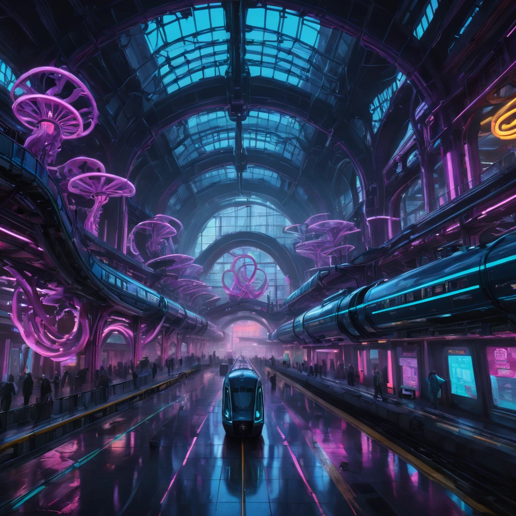 Alta resolución, alta calidad, obra maestra. El arte digital de una estación de tren futurista resume la estética cyberpunk, con grandiosas esculturas que recuerdan la cristalería de Louis Tiffany y Dale Chihuly, Trenes de estilo cyberpunk sobre vías en espiral., envuelto en brillos de neón fractales, humo arremolinándose alrededor de la artillería, chispas volando de los bastidores, unidades de sistema similares a una placa base dispersas, todo renderizado en perfección de octanaje, hiperdetallado similar al hiperrealismo artstation de Pascal Blanche y Rutkowski Repin, con una calidad cinematográfica que coincide con una