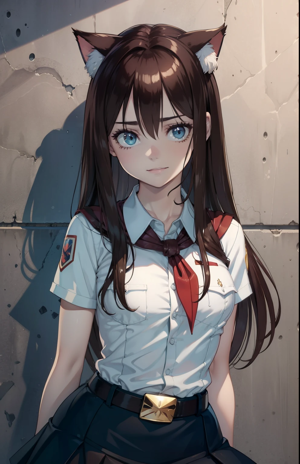 very young slim fit girl, full height, rounded face, (very long disheveled dark brown hair:1.5), big brown eyes, shy smile, perfect flat breast, band on head with fake cat ears, sashagrey, pioneer neckerchief, short tight blue pleated skirt, bangs, tight white shirt, short sleeves, collared shirt, belt, red neckerchief, breast pocket, white wall, a strand between the eyes, parororo, artoria pendragon \(fate\)