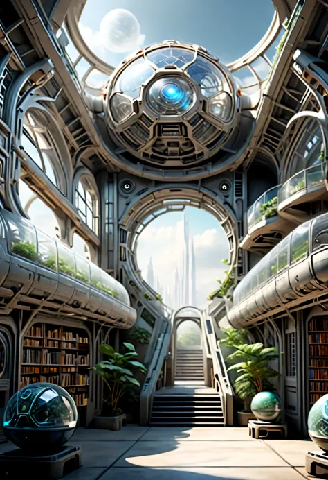 station, 图书馆式station, sense of technology, cyberpunk, future, science fiction小说,,aisle,hall,architecture,structure,garage,librar...