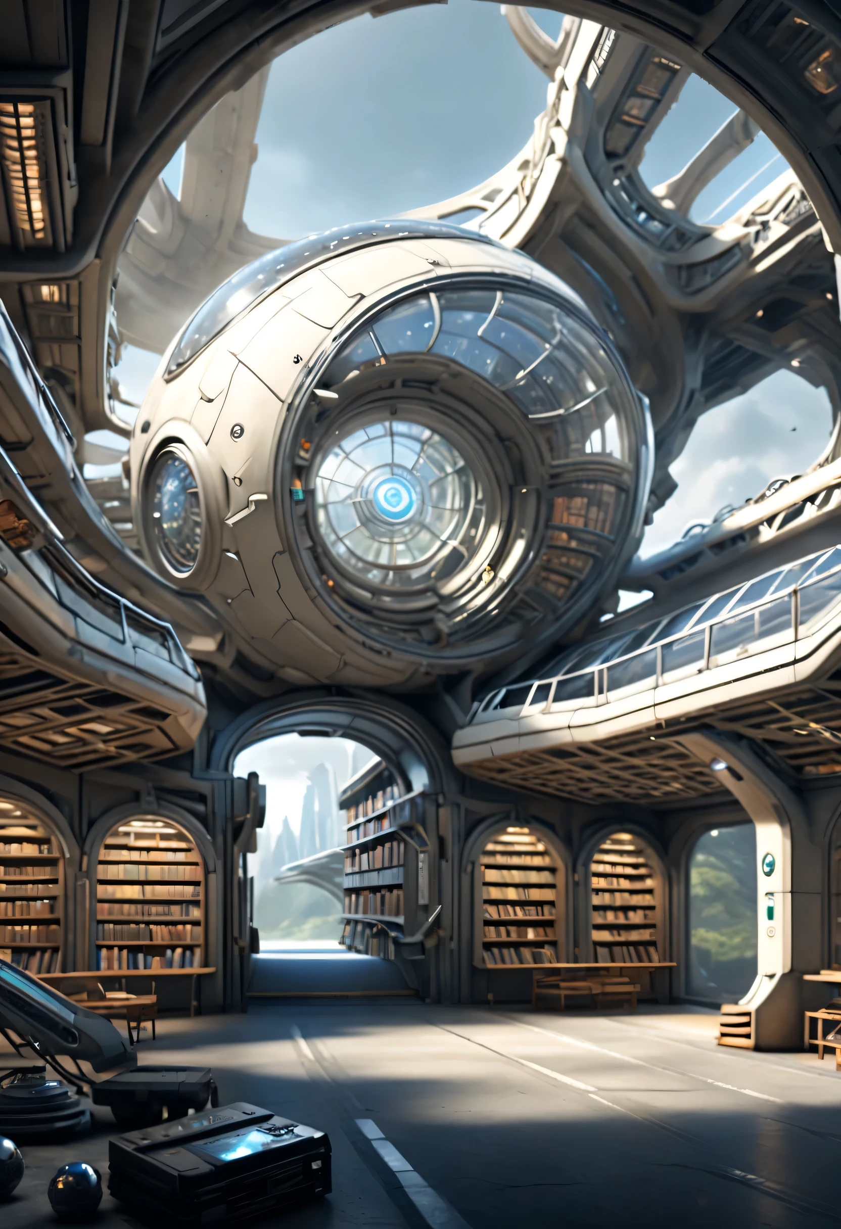 station, 图书馆式station, Tons of books, Stop signs, people waiting for bus, future car, sense of technology, cyberpunk, future, science fiction小说,,aisle,architecture,structure,garage,library,greenhouse,peaceful atmosphere,Soft atmosphere,author：buckminster fuller,Zaha Hadid,author：Renzo Piano,high detail,super quality,high resolution,16k,Surrealism,Super real,Ice Age, science fiction, futuristic, land art,Lithuania,cancer, ♋︎,depth of field (degrees of ),bottom view,mood lighting,