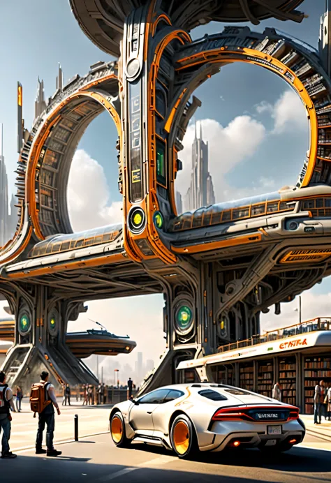 station, 图书馆式station, Tons of books, Stop signs, people waiting for bus, future car, sense of technology, cyberpunk, future, Sci...