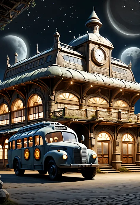 Evening character, The bus station building is located in a quiet town, real picture, 4k, with an original style
