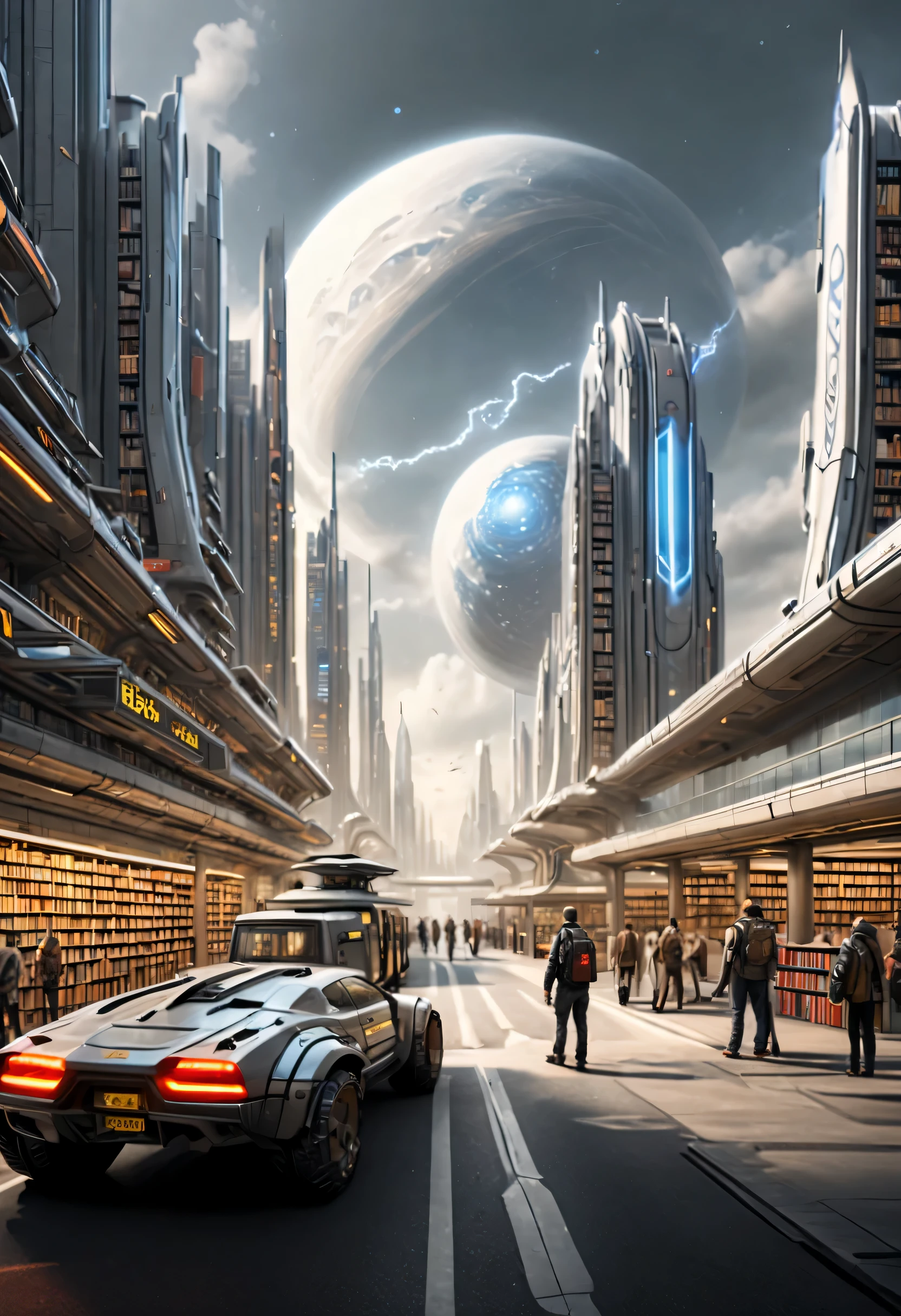 station, 图书馆式station, Tons of books, Stop signs, people waiting for bus, future car, sense of technology, cyberpunk, future, Science fiction,,Real Estate,long term exposure,high dynamic range,minimalist,philippe starck,