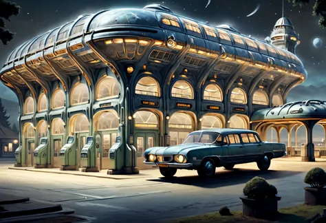 ESTILO RETROFUTURISMO, Beautiful and meticulous，Evening character, The bus station building is located in a quiet town, real pic...
