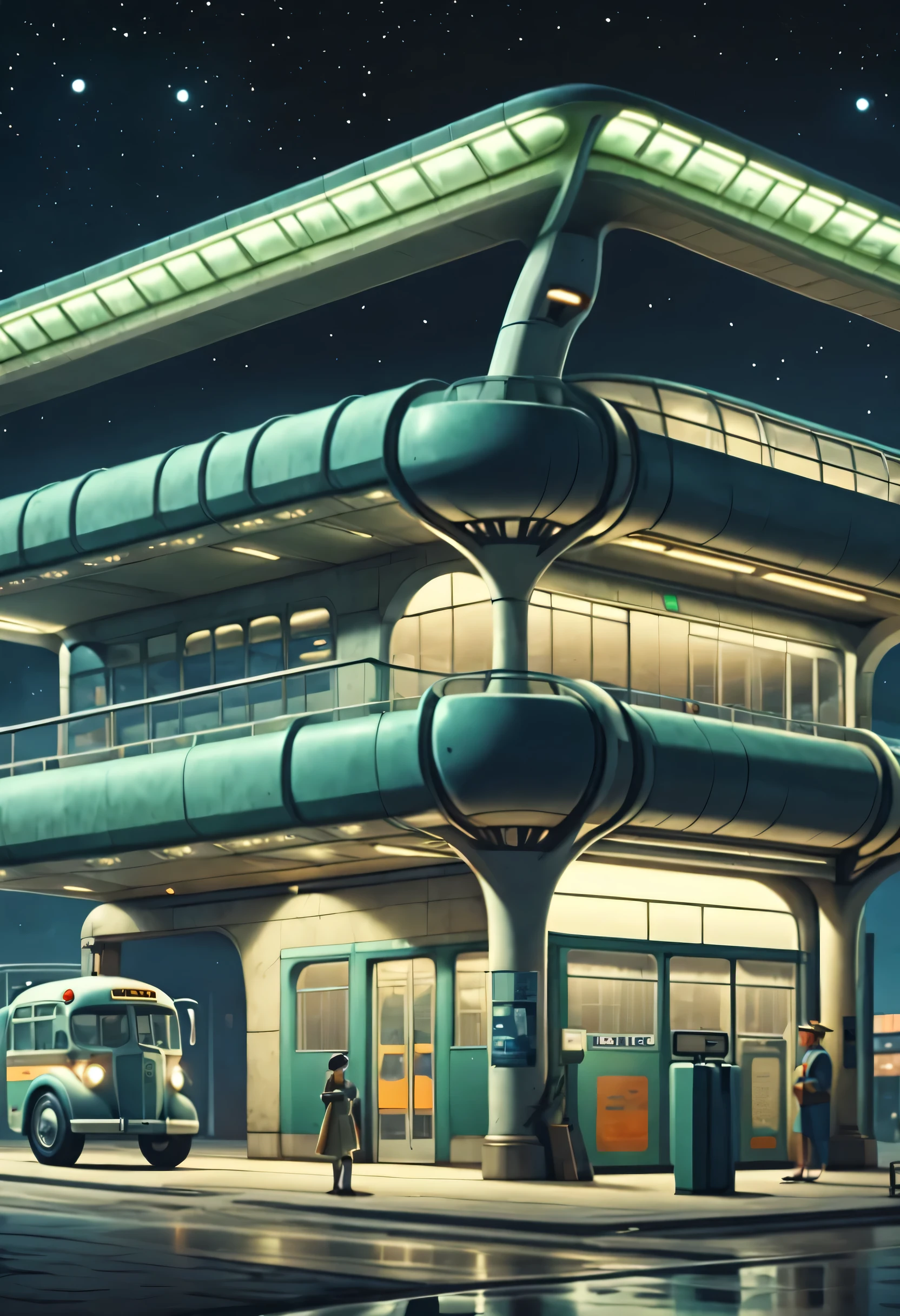 ESTILO RETROFUTURISMO, Beautiful and meticulous，Evening character, The bus station building is located in a quiet town, real picture, 4k, with an original style