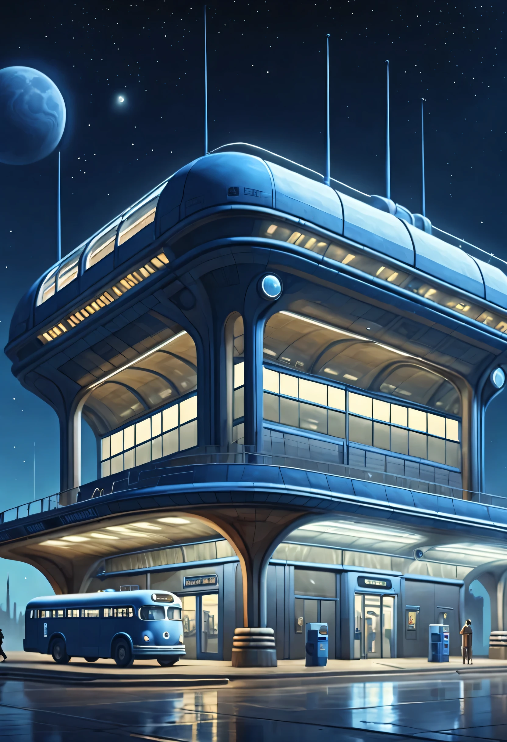 ESTILO RETROFUTURISMO, Beautiful and meticulous，Evening character, The bus station building is located in a quiet town, real picture, 4k, with an original style，background：Blue night sky