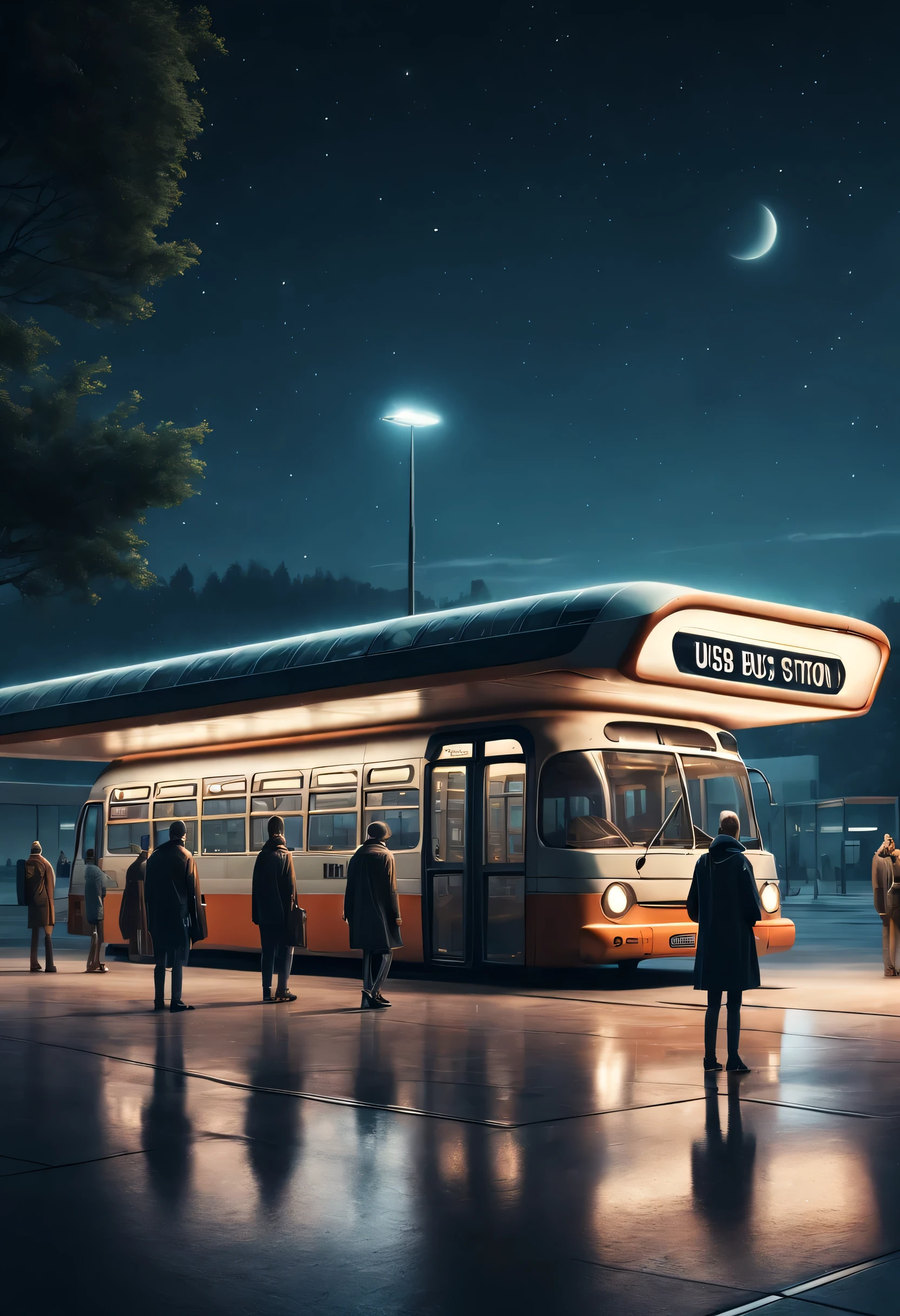 Straßenfotografie-Stil,RETROFUTURISMUS-STIL, Schön und sorgfältig，Abendcharakter, Das Busbahnhofgebäude befindet sich in einer ruhigen Stadt, echtes Bild, 4k, mit einem originellen Stil，Stoppen，Leute, die auf den Bus warten，