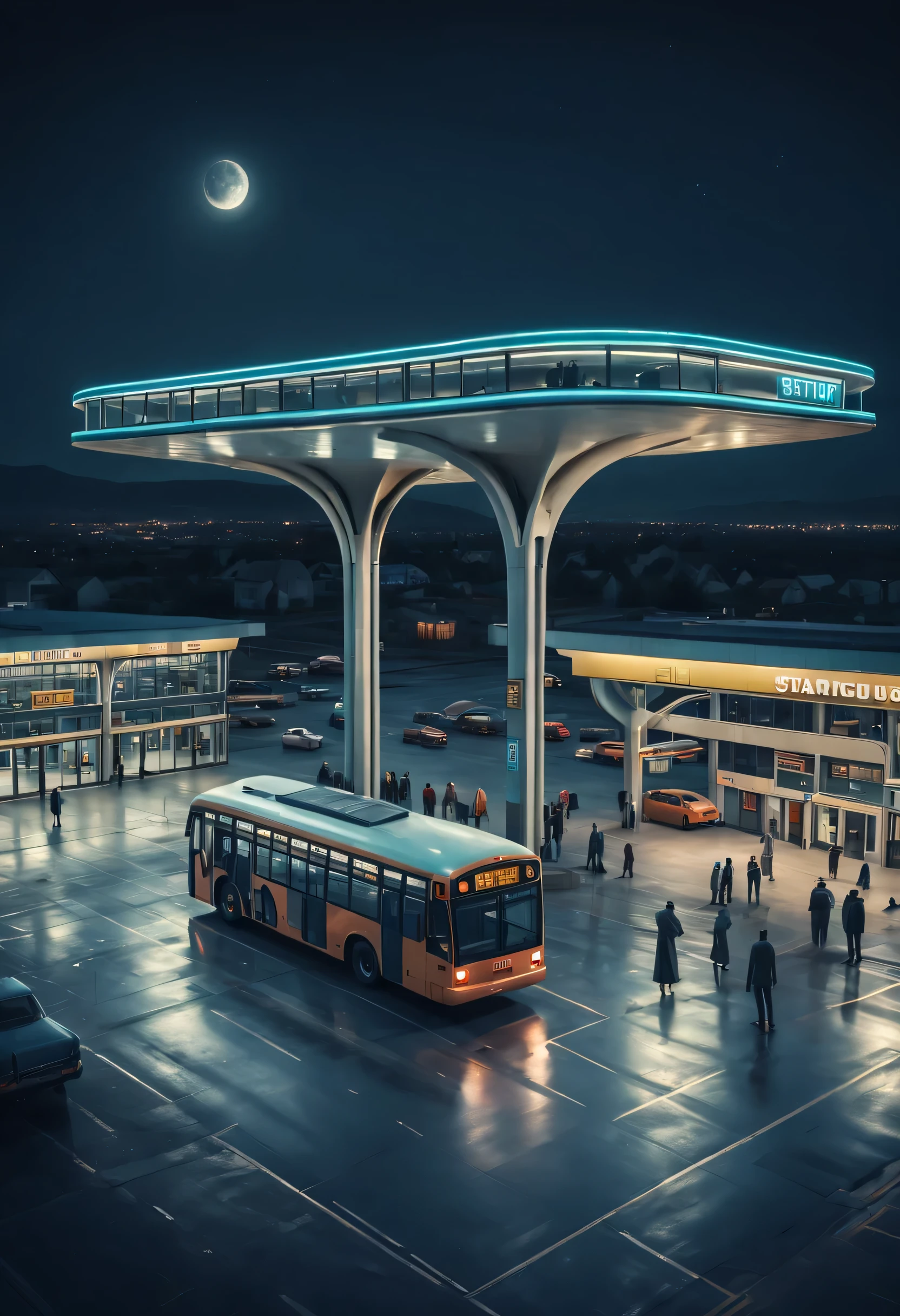 Estilo aéreo, Estilo de fotografía callejera, ESTILO RETROFUTURISMO, Hermosa y meticulosa，Carácter nocturno, El edificio de la estación de autobuses está situado en un pueblo tranquilo., imagen real, 4k, con un estilo original，detener，gente esperando el autobus，