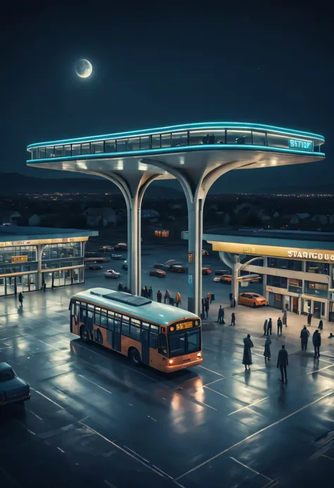 Aerial style, street photography style, ESTILO RETROFUTURISMO, Beautiful and meticulous，Evening character, The bus station build...