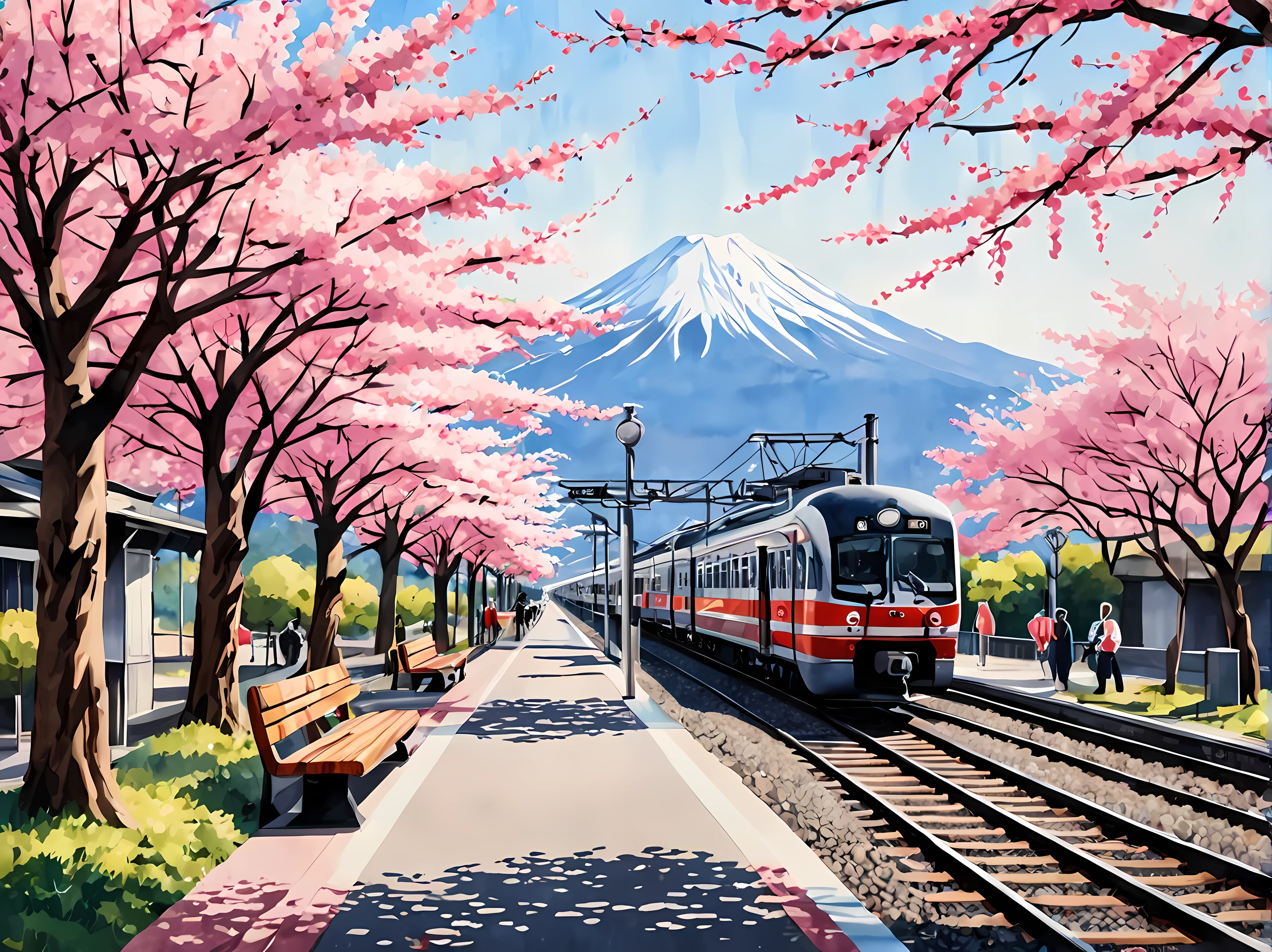 화창한 봄날 일본 기차역을 그린 매혹적인 수채화, 플랫폼에 있는 매끄러운 미래형 열차, 만개한 벚꽃나무에 둘러싸여, 랜턴과 나무 벤치와 같은 전통적인 요소, 후지산을 배경으로, 전통 의상을 입은 승객, 최대 16K 해상도의 걸작, 뛰어난 품질. | ((더_세부 사항))