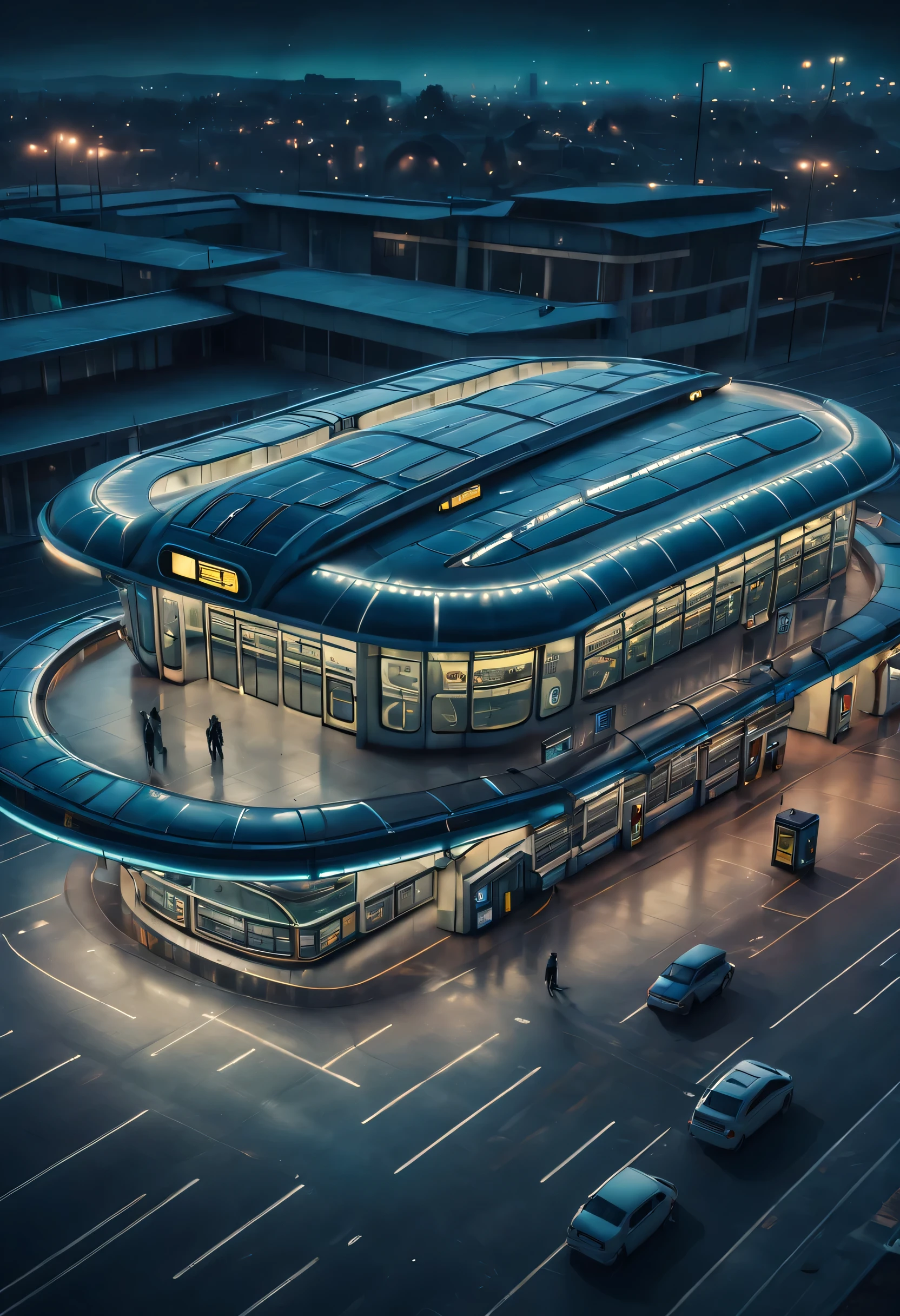 Estilo aéreo, Estilo de fotografía callejera, ESTILO RETROFUTURISMO, Hermosa y meticulosa，Carácter nocturno, El edificio de la estación de autobuses está situado en un pueblo tranquilo., Imagen real, 8k, con un estilo original，DETENER，gente esperando el autobus，Fotografía Ultra HD，Ciencia ficción futurista，gótico ciberpunk，alta calidad，detalle ultra alto，