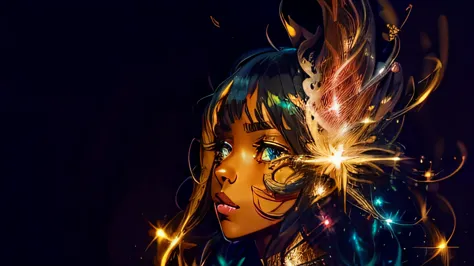 black beautiful girl singing, straight face, holding a golden microphone, background musical artistic abstract art, glowing hair...