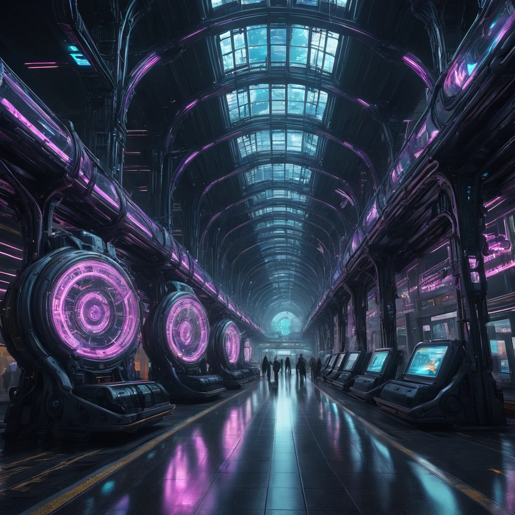 Alta resolución, alta calidad, obra maestra. Estación de tren futurista en estilo cyberpunk radiante, articulado con grandes esculturas de vidrio que recuerdan a escultores de renombre, trenes cyberpunk recorriendo vías en espiral, colores de neón fractales que realzan la escena, texturas grunge y elementos abstractos de aceite negro entrelazados, intrincados mecanismos de engranajes se fusionan con acabados detallados como el acrílico, hiperdetallado con ambiente de neón, renderizado en octane con una complejidad sin igual, capturado en una foto realista de 32k, obra maestra del motor irreal