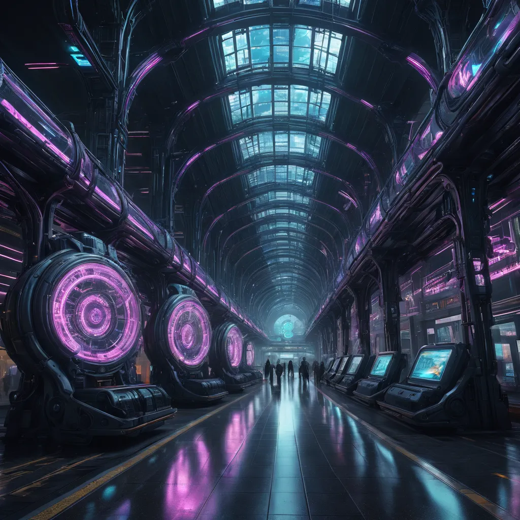High Resolution, High Quality, Masterpiece. Futuristic train station in radiant cyberpunk style, articulated with large glass sc...