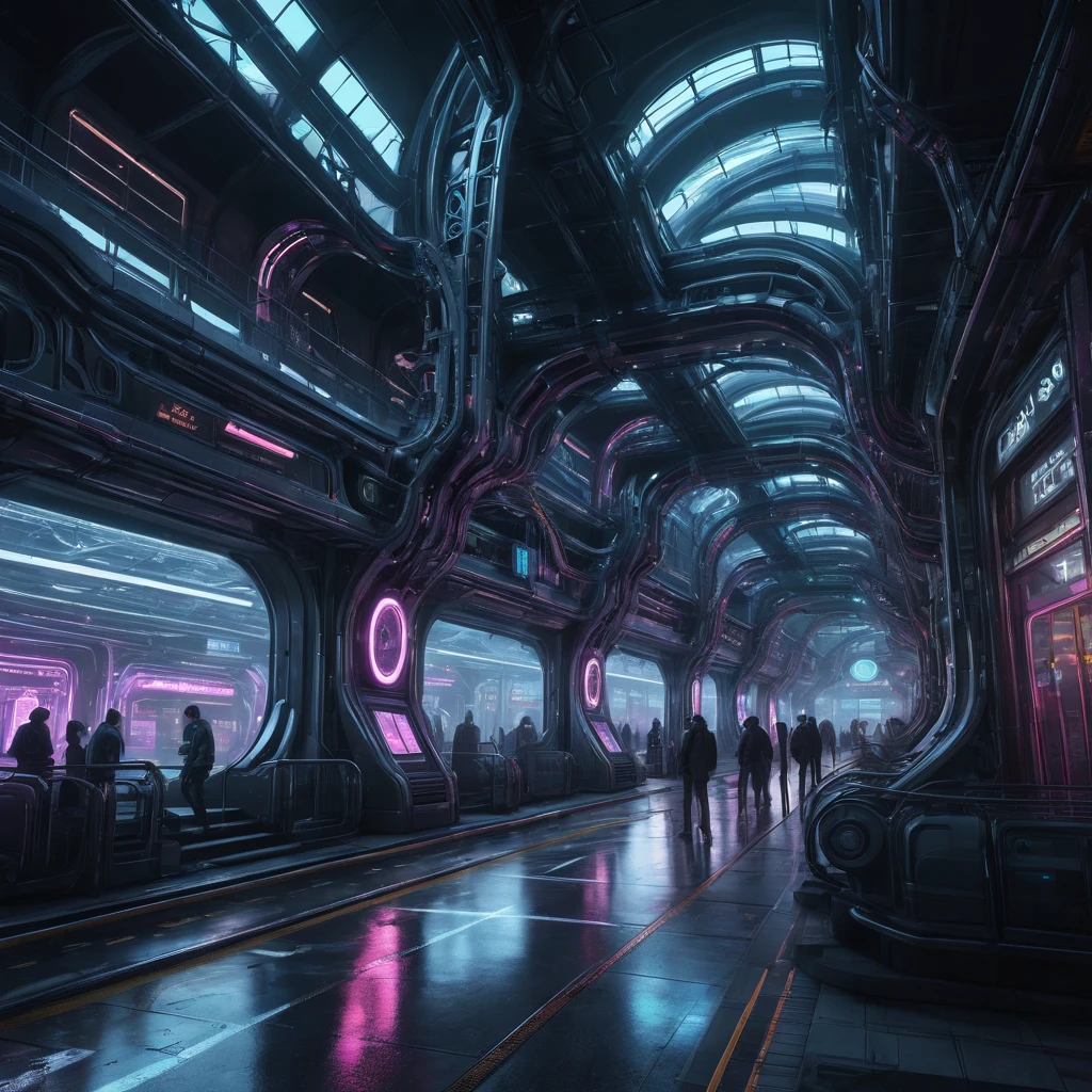 Alta resolución, alta calidad, obra maestra. Estación de tren futurista en estilo cyberpunk radiante, articulado con grandes esculturas de vidrio que recuerdan a escultores de renombre, trenes cyberpunk recorriendo vías en espiral, colores de neón fractales que realzan la escena, texturas grunge y elementos abstractos de aceite negro entrelazados, intrincados mecanismos de engranajes se fusionan con acabados detallados como el acrílico, hiperdetallado con ambiente de neón, renderizado en octane con una complejidad sin igual, capturado en una foto realista de 32k, obra maestra del motor irreal