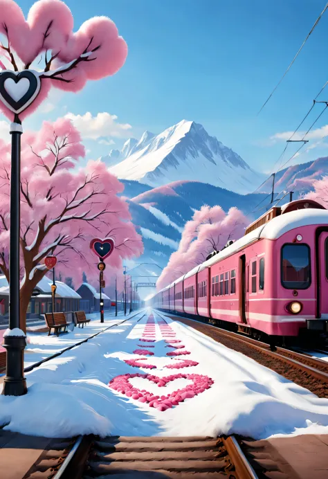 fauvist style,（a beautiful train station：0.85），view of snow and train tracks. there is a warm pink station on the roadside, ther...