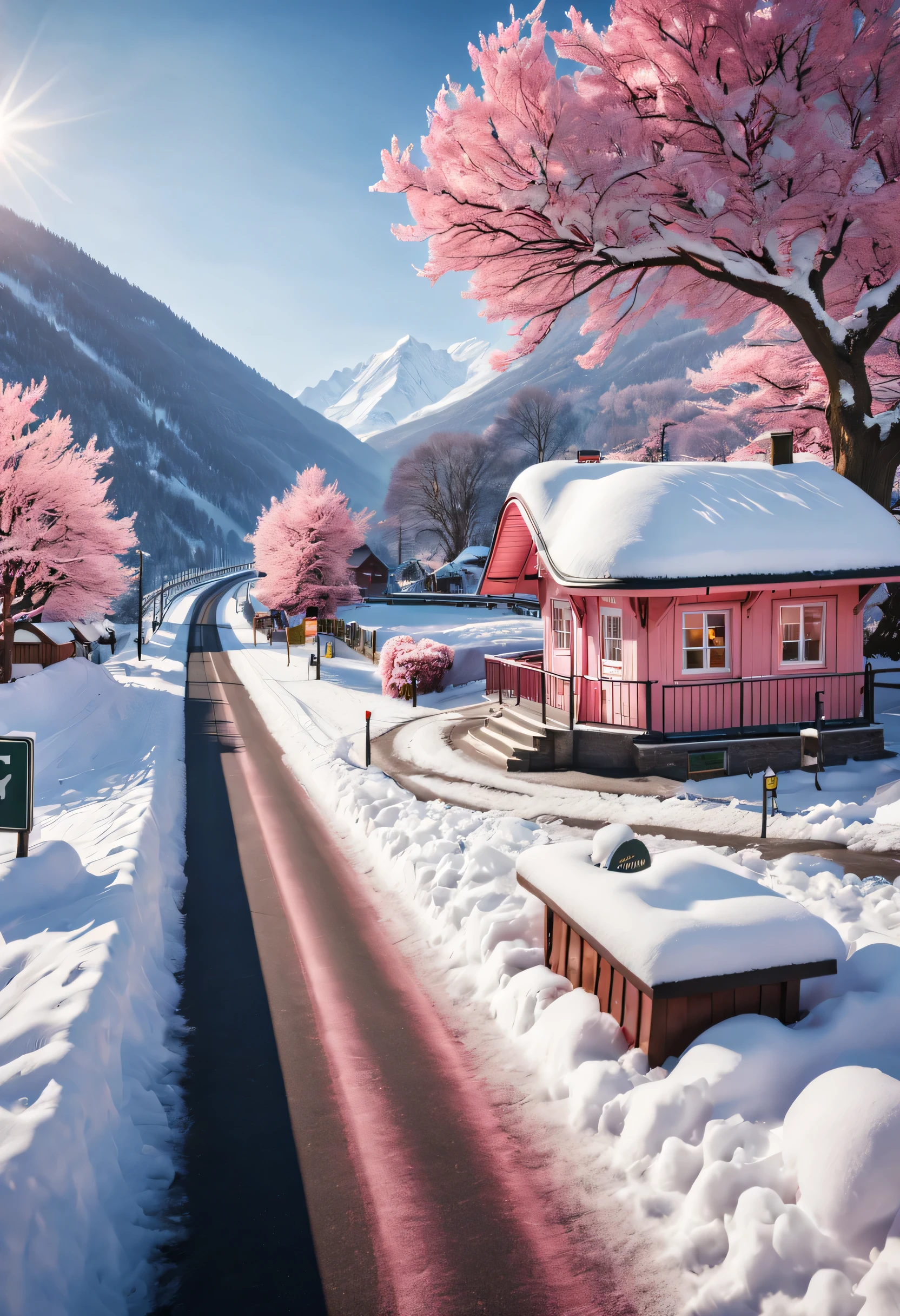 สถานีหิมะที่สวยงาม (มีอาคารสถานีสีชมพูอบอุ่นริมถนน), ป้ายสถานีรูปหัวใจ, ต้นไม้รักรูปหัวใจ, อาคารสถานีเล็กๆ อันอบอุ่นทั้งสองข้างของป้าย, เส้นทางที่ทอดยาวไปไกล, หิมะหนา, มุมมองด้านหน้า, เลนส์มุมกว้างพิเศษ, 8ก, ชัดเจนเป็นพิเศษ, จริง, โรแมนติก, บรรยากาศสวรรค์,