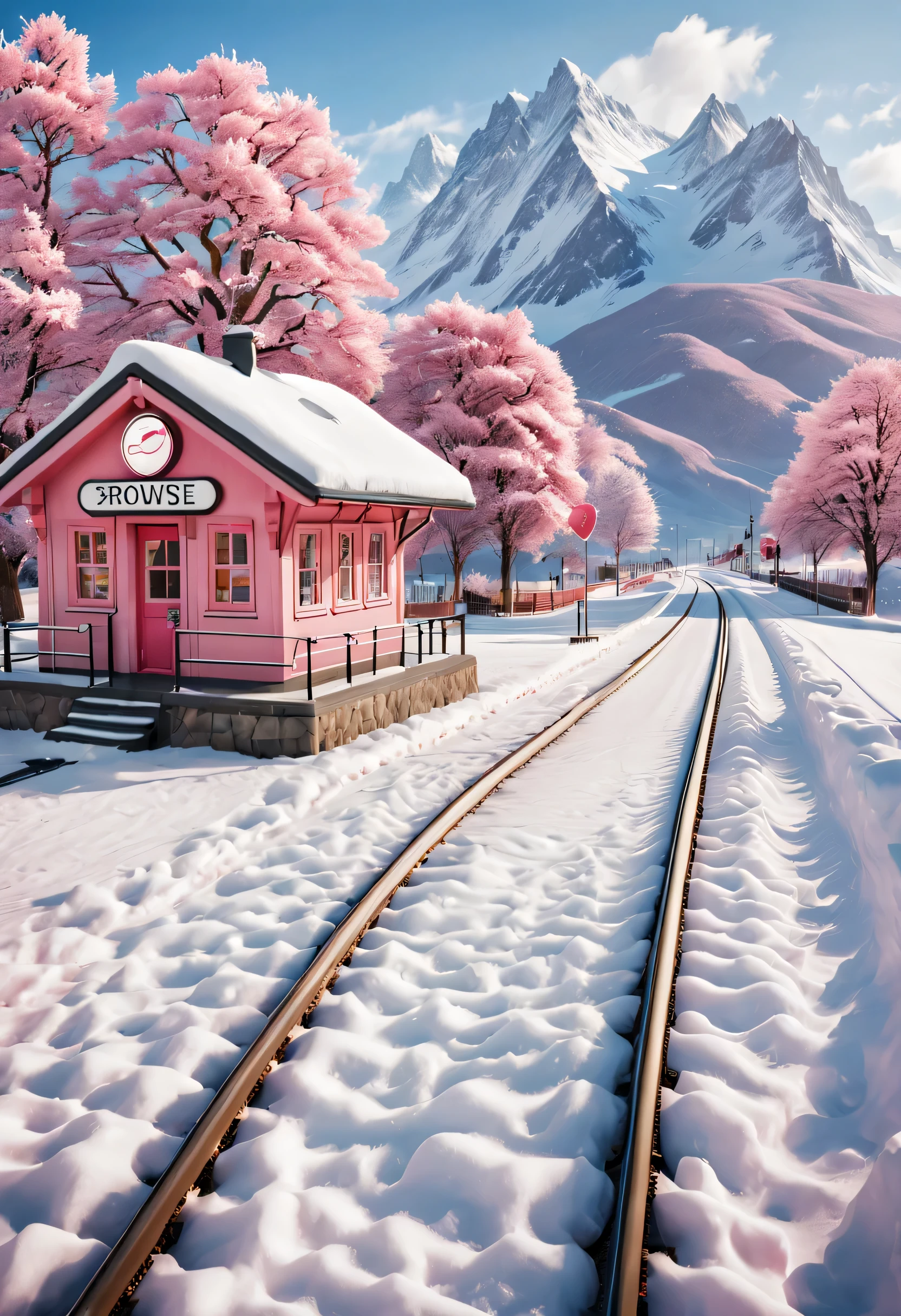 Beautiful snow station (There is a warm pink station building on the roadside), Heart shaped station sign, A heart-shaped love tree, Warm little station buildings on both sides of the signboard, A track that extends into the distance, thick snow, Front view, ultra wide angle lens, 8k, Ultra-clear, true, Romantic, heavenly atmosphere,