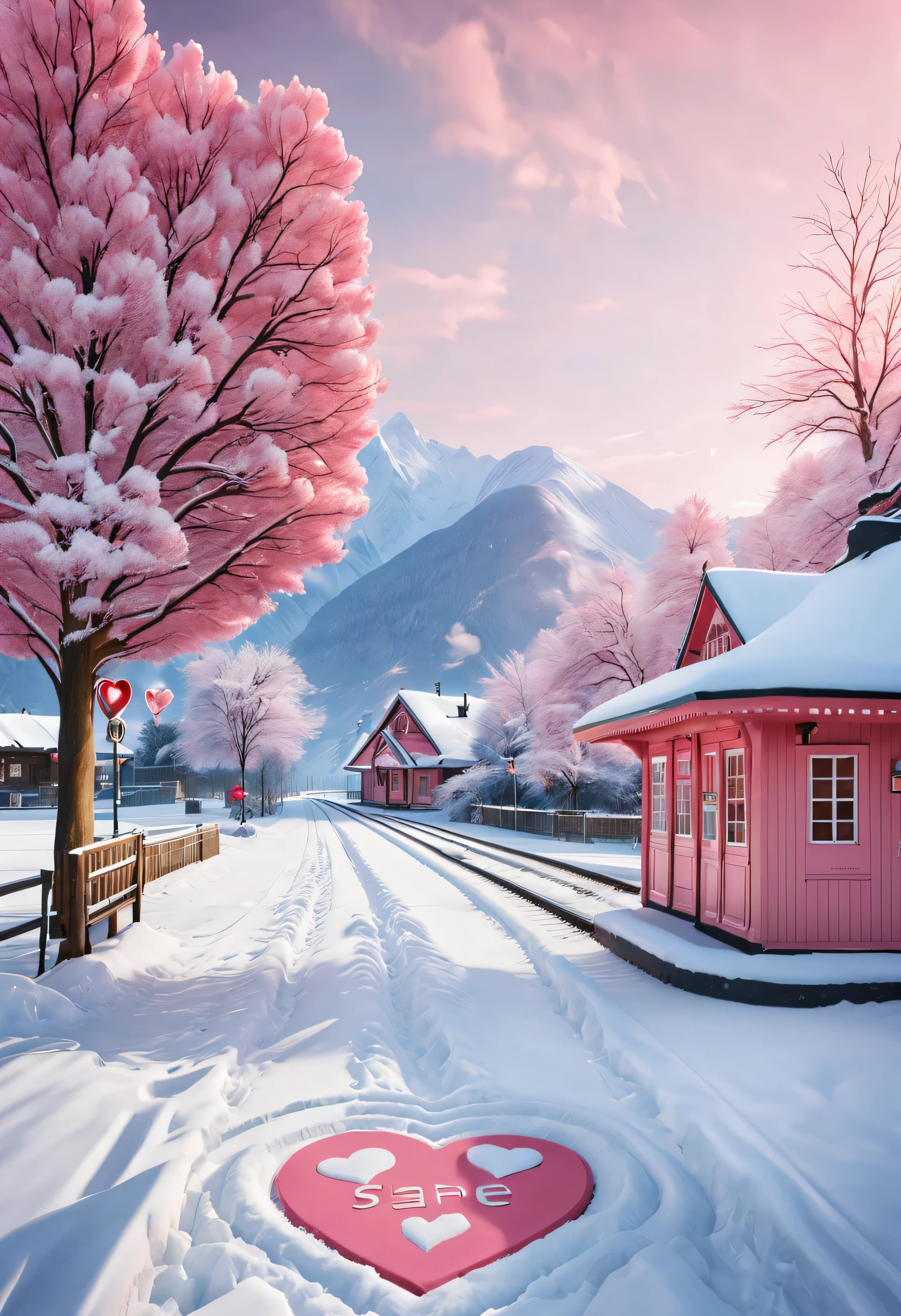 a beautiful station, snow scene (There is a warm pink station building on the roadside), (A heart-shaped station sign stuck in the snow), heart shaped love tree, There are cozy little station rooms on both sides of the sign., A track that extends into the distance, thick snow, Front view, ultra wide angle lens, 8k, Ultra-clear, true, Romantic, heavenly atmosphere,